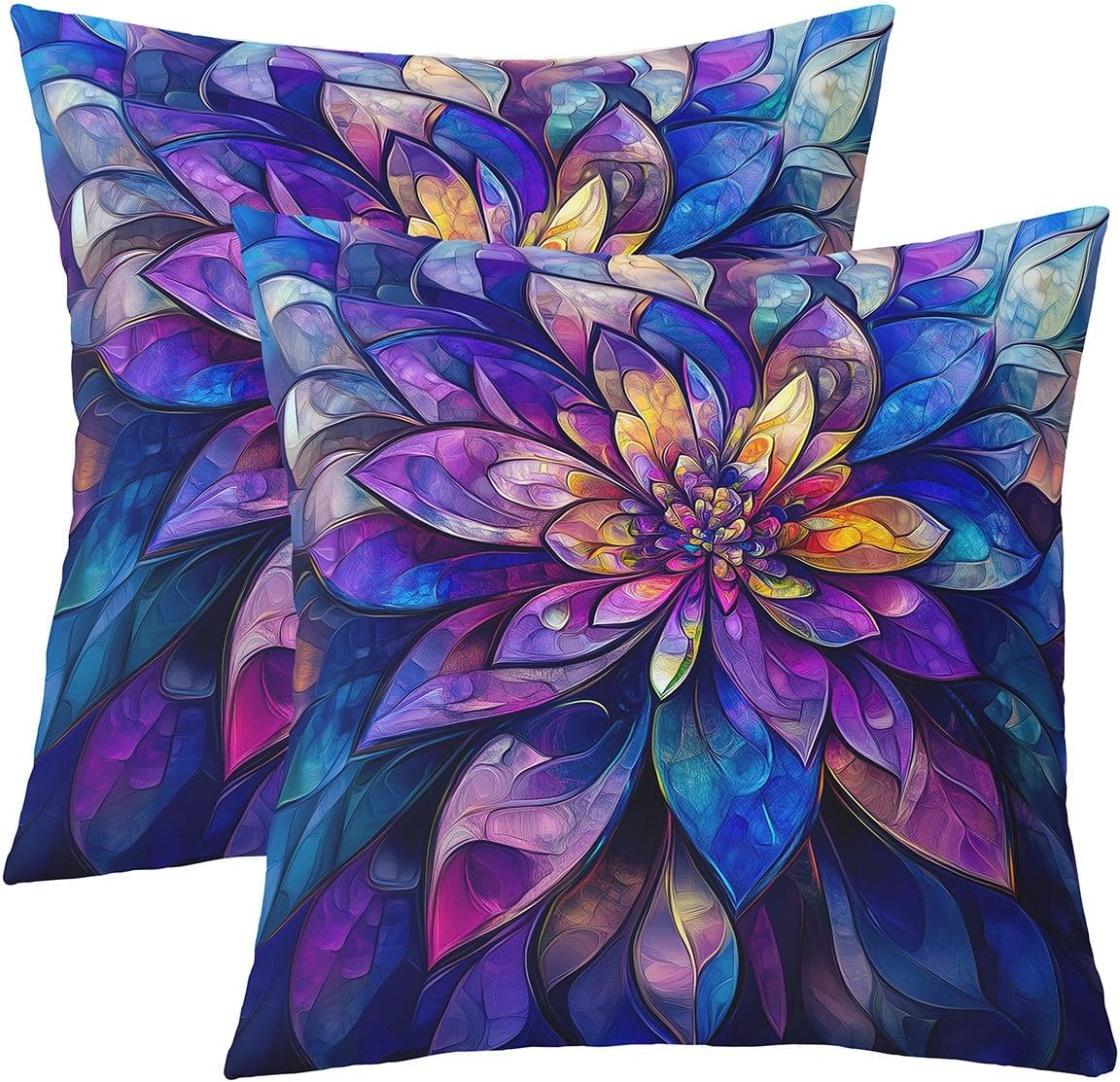 Erosebridal Lotus Set of 2 Throw Pillow Cover 22x22 Stained Glass Cushion Cover Flowing Light Modern Art Flowers Cushion Case Geometric Floral Purple Blue Decorative Pillowcase