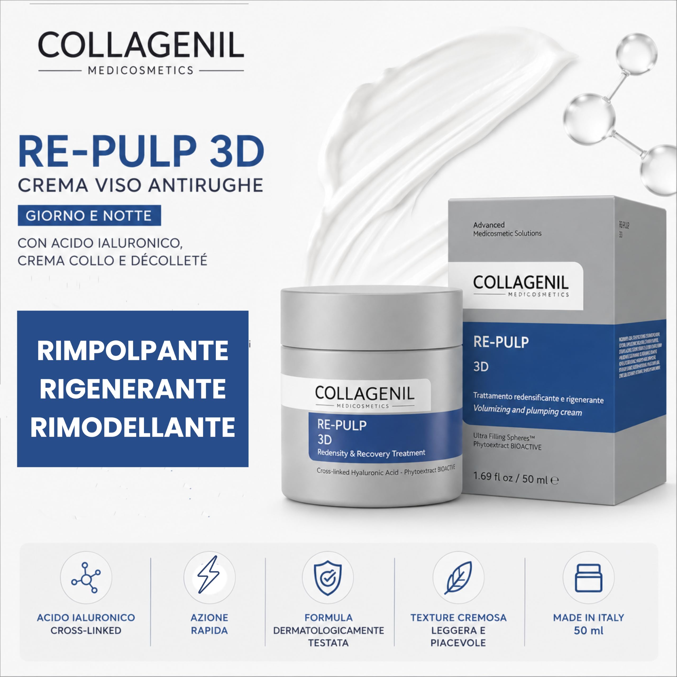 Collagenil Re‑Pulp 3D Anti‑Aging Gesichtscreme – Tages‑ und Nachtcreme mit Hyaluronsäure & Kollagen, aufpolsternd und straffend für Gesicht, Hals & Dekolleté, Made in Italy, 50 ml