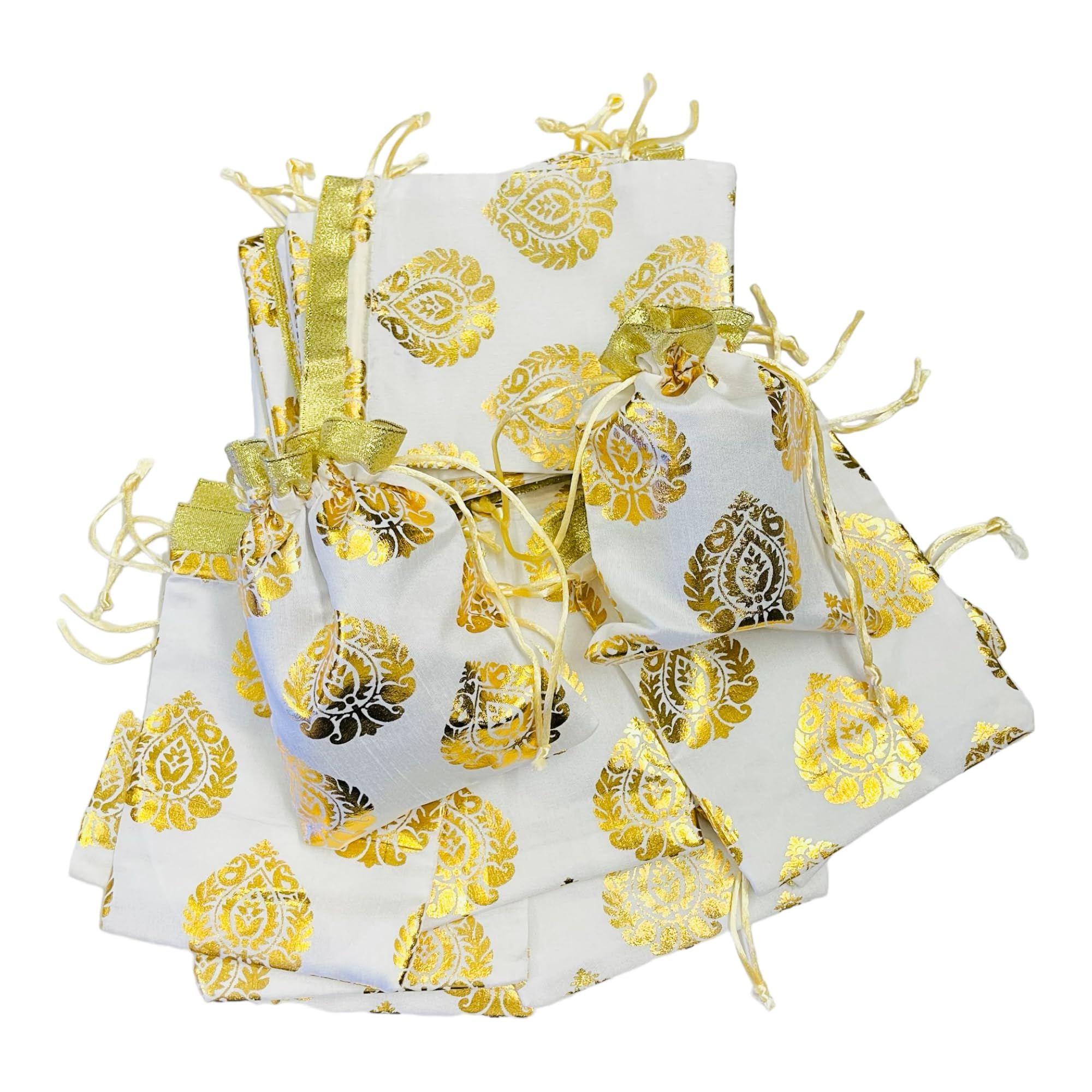 Moira 25/50/ 100 pcs 5 inch X 7 inch Unisex Gift Potli Bags Drawstring Closure Silk Brocade Gold Motifs for Gifting/Jewellery Storage/Chocolates/Dryfruits (White, 100) (B0CJ82CT85) Amazon Price History, Amazon Price Tracker