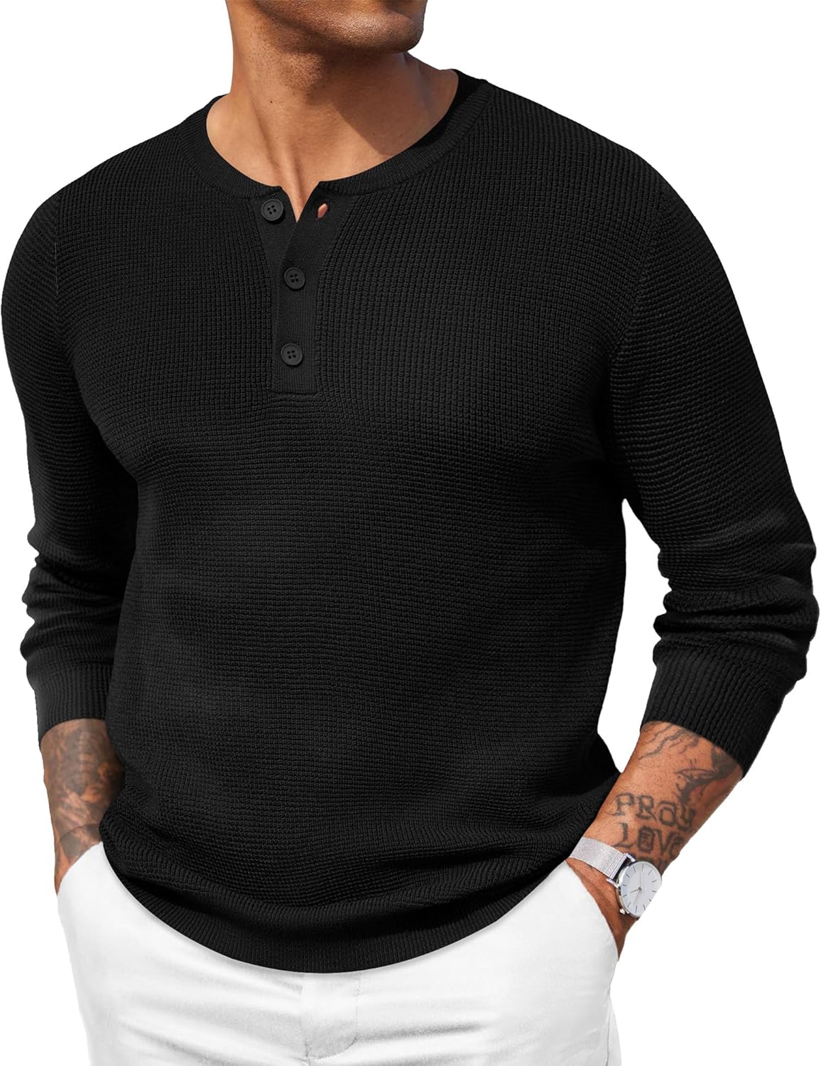 COOFANDY Men's Waffle Henley Shirts Crewneck Lightweight Sweater Long Sleeve Causal Knitted Pullover T Shirt