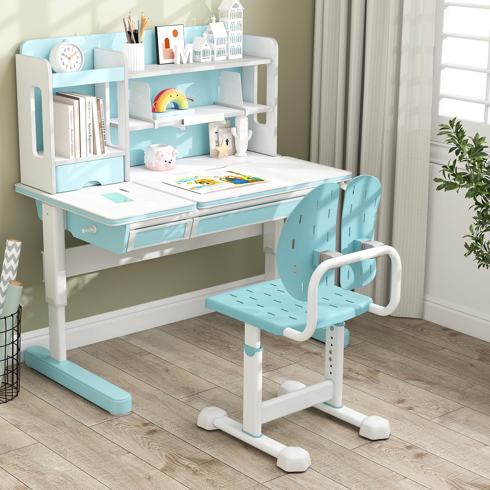 GOPLUS Chaise Bureau Enfant, Chaise d'Étude avec Dossier Double Adaptatif, Hauteur Réglable, Siège Respirant, Patins Réglables, pour Filles et Garçons de 3+ Ans (Bleu)