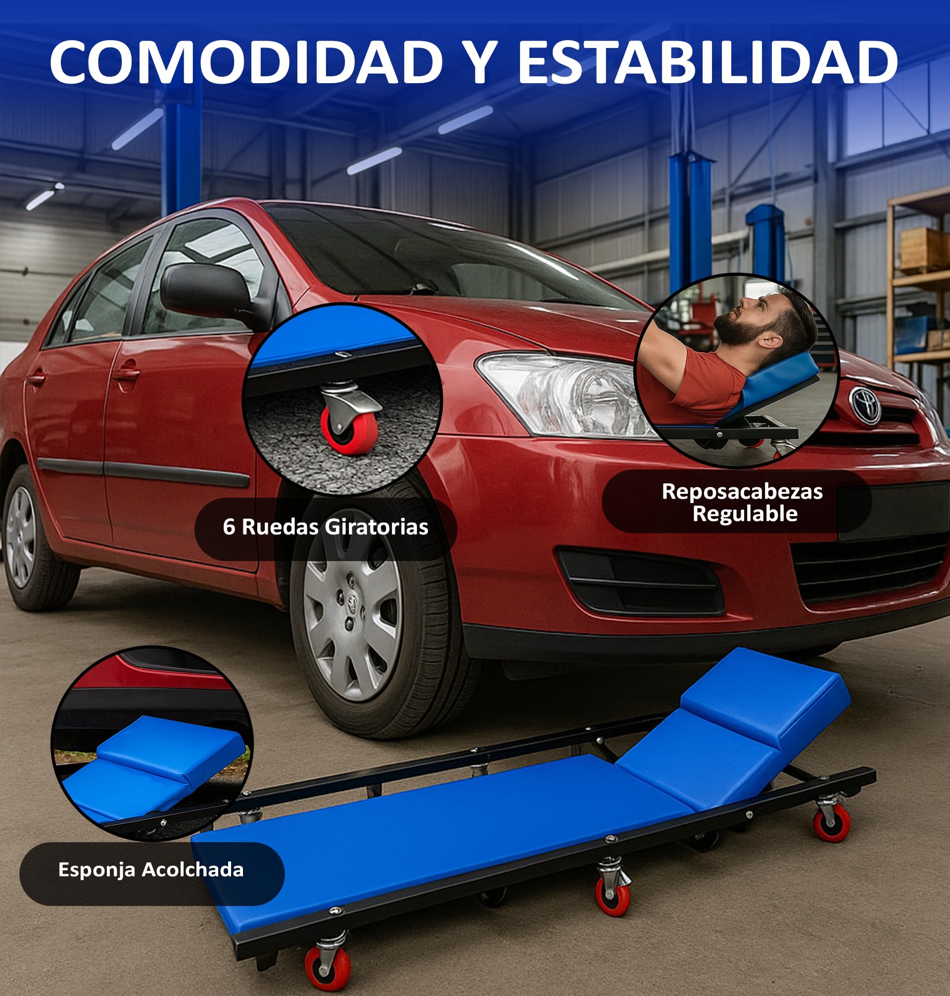 Camilla para Taller Mecánico | Reclinable Y Acolchada | con Ruedas para Movilidad Fluida Y Gran Estabilidad | Limpieza Sin Esfuerzo | para Mecánica Automotriz Debajo del Coche