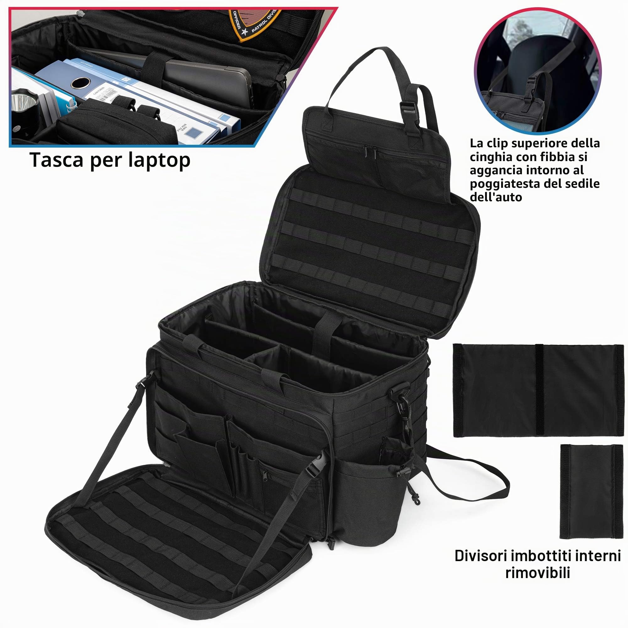 Trunab Borsone Polizia Borsa Tattica MOLLE Borsa Pattuglia, Organizer da Auto per Sedile Anteriore,Borsa Viaggio Tracolla Militare Gran Capacità con Scomparto per Laptop 15,6"