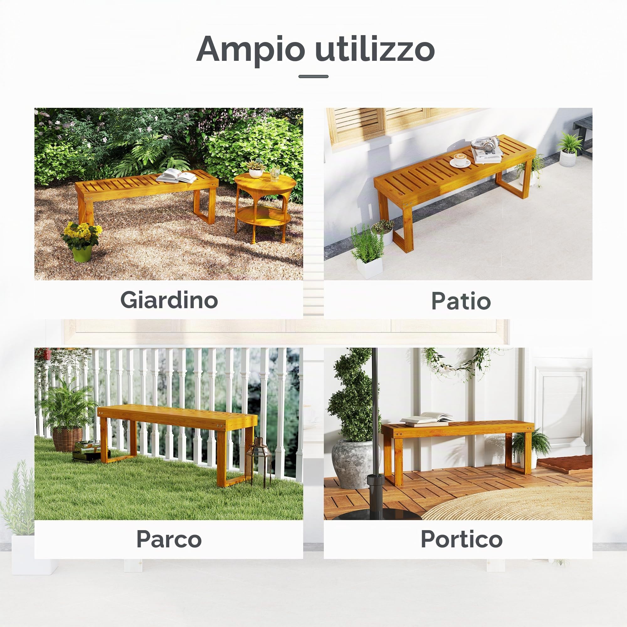 Outsunny Panca da giardino a 2 posti Panca in legno a doghe 300 kg Panca da giardino Terrazza 120x34x43 cm Teak