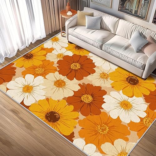 Miniatura 2 de Retro Flower Rug, Washable 5x7 Area Rugs for Bedroom, 60s 70s Floral Patterned Carpet for Living Room Dining Room Office, Retro Flower Decor, Non