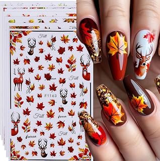 6 Sheets Maple Leaf Nail Art Stickers Decals Fall Pumpkin Nail Decals 3D Self-Adhesive Autumn Maple Leaves Elk Mushroom Design Nail Art Supplies Fall Stickers for Nails Women DIY Manicure Decoration