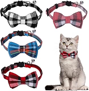 TIESOME 4Pcs Cat Collar with Bow and Bell, Adjustable Kitten Collars Cute Plaid Cat Bow Tie Collars Personalized Breakaway Kitten Collar for Kitten Cats and Small Dogs