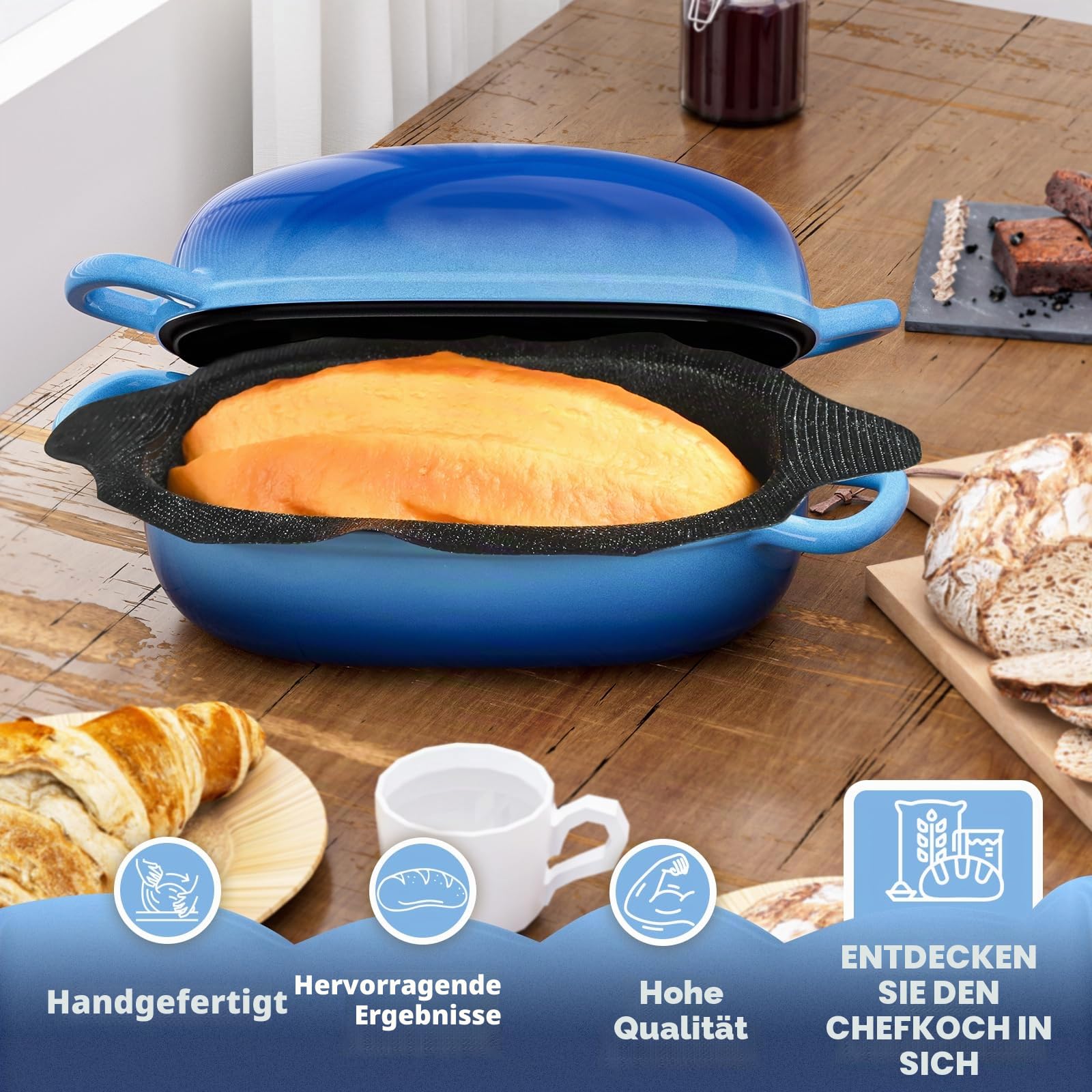 Dutch Oven zum Brotbacken – 2,5 QT Brotformen für hausgemachtes Brot mit perforiertem Antihaft-Silikoneinsatz, Gusseisen-Brotpfanne Dutch Oven Kastenform mit Deckel und Schlaufengriffen für