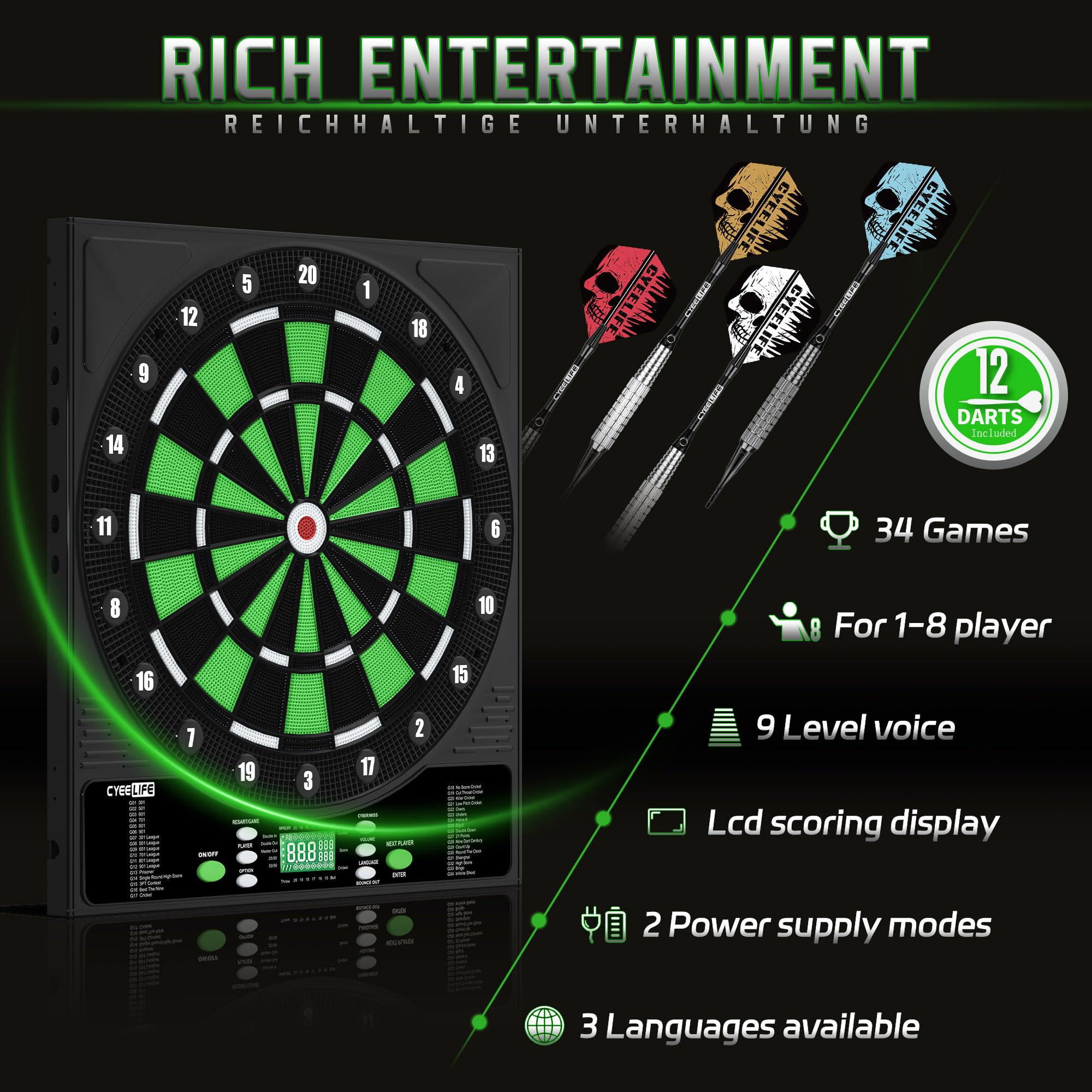 CyeeLife Tavola da Freccette Elettronica Dartboard 12 Frecce 50 Punte 24 Voli Accessori 1-8 Giocatori