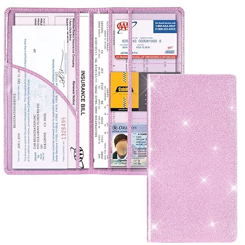 Car Registration and Insurance Holder, Vehicle Glove Box Car Organizer Men Women Wallet Accessories Case with Magnetic Shut for Cards, Essential Document, Driver License by Cacturism - Bling Pink (No Image Embossing)