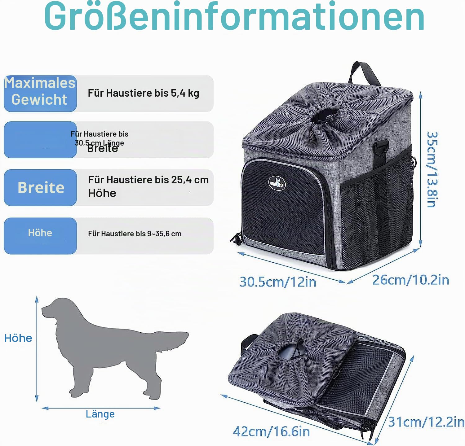Wakytu Hunde Fahrradkorb Transporteur, Pet Bicycle Carrier Backpack für Fahrradtouren, reflektierende Streifen, Zwei Seitentaschen, Fahrrad Transportbox für Hundereisen mit kleinen Hunden