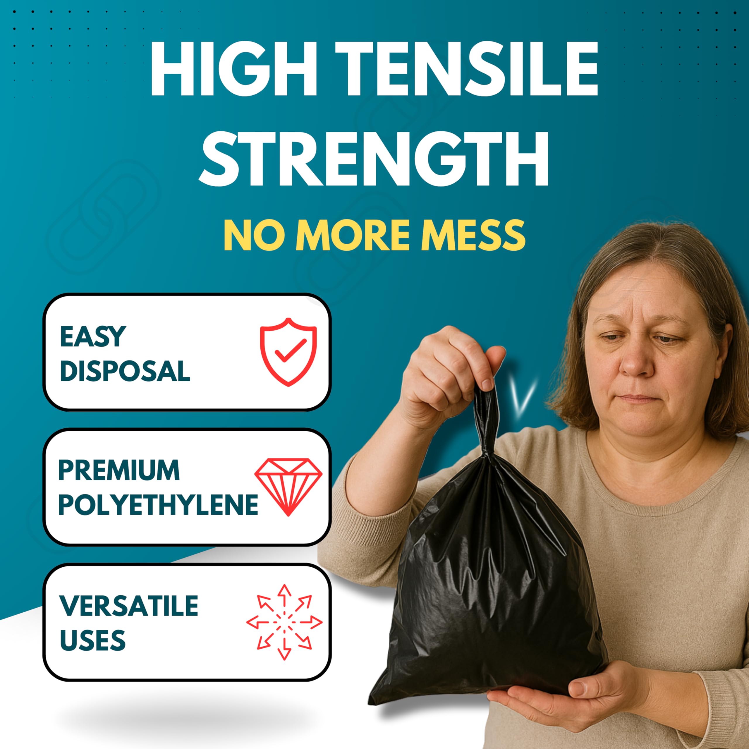 Somwell, Pack of 100 Adult Nappy Bags, 20% Thicker Bags, Easy Tie Handles, Discreet Black Plastic Sacks, Odour Free - Image 4