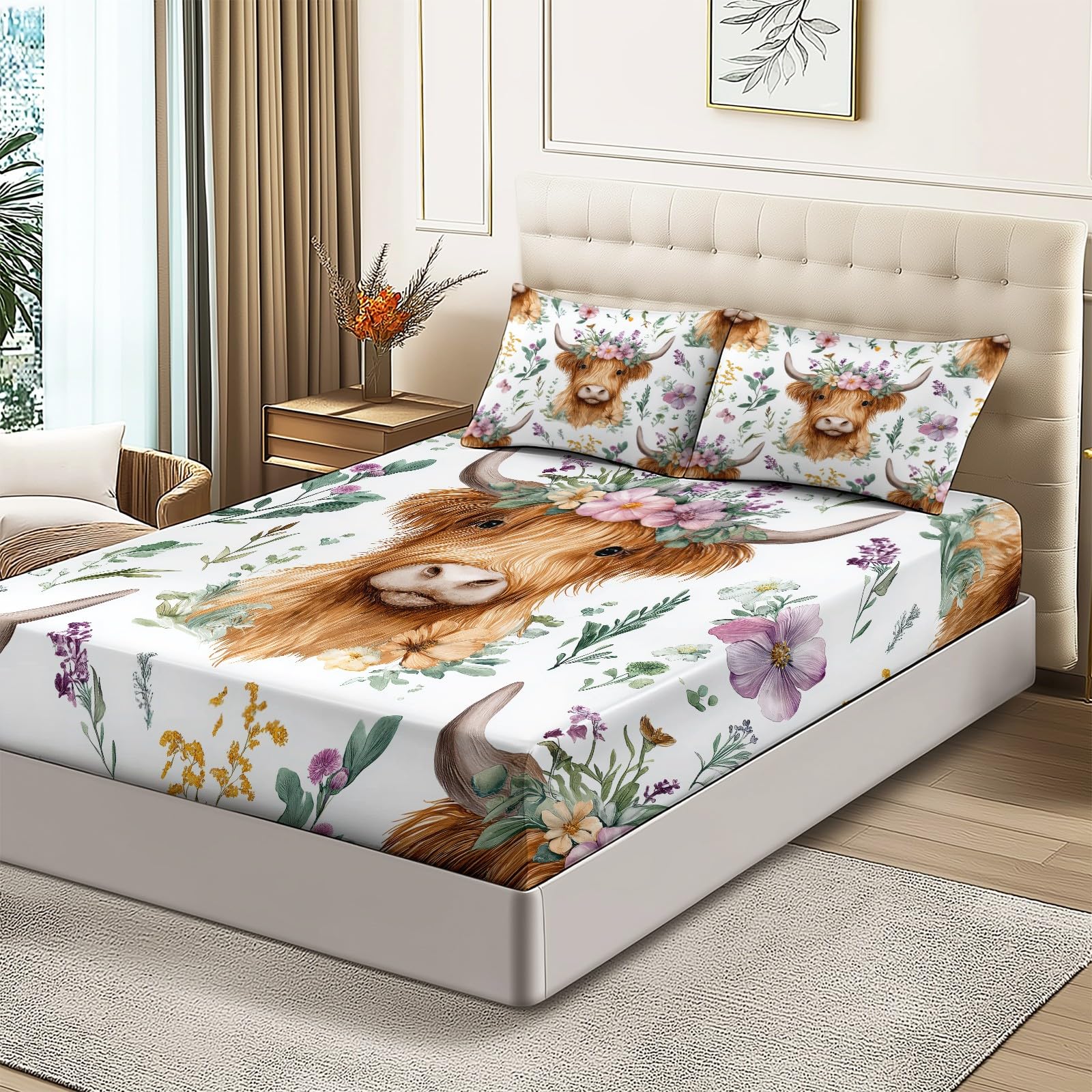 Bedrucktes Bettlaken 140 x 200 + 30 cm,Spannbettlaken für Schlafzimmer & Gästezimmer Aquarell Blumen Hochlandrinder Weiche Mikrofaser - Used_in Boxspringbetten bis 30cm Spannbetttuch Weiß