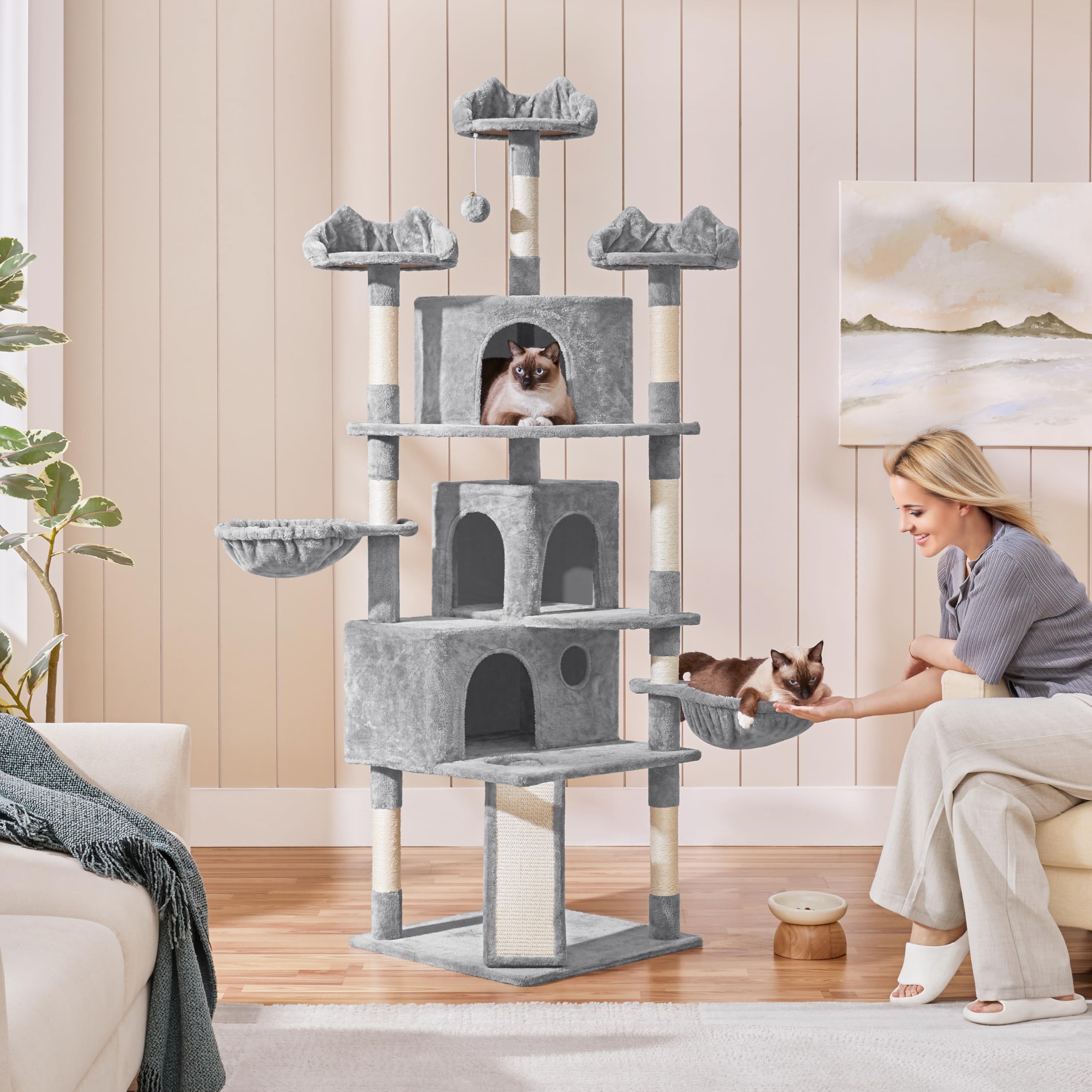 Yaheetech Albero Tiragraffi per Gatti Altezza 194 cm in Truciolato e Corda in Sisal con 3 Casette Rampa e Ceste Multilivello Grigio Chiaro