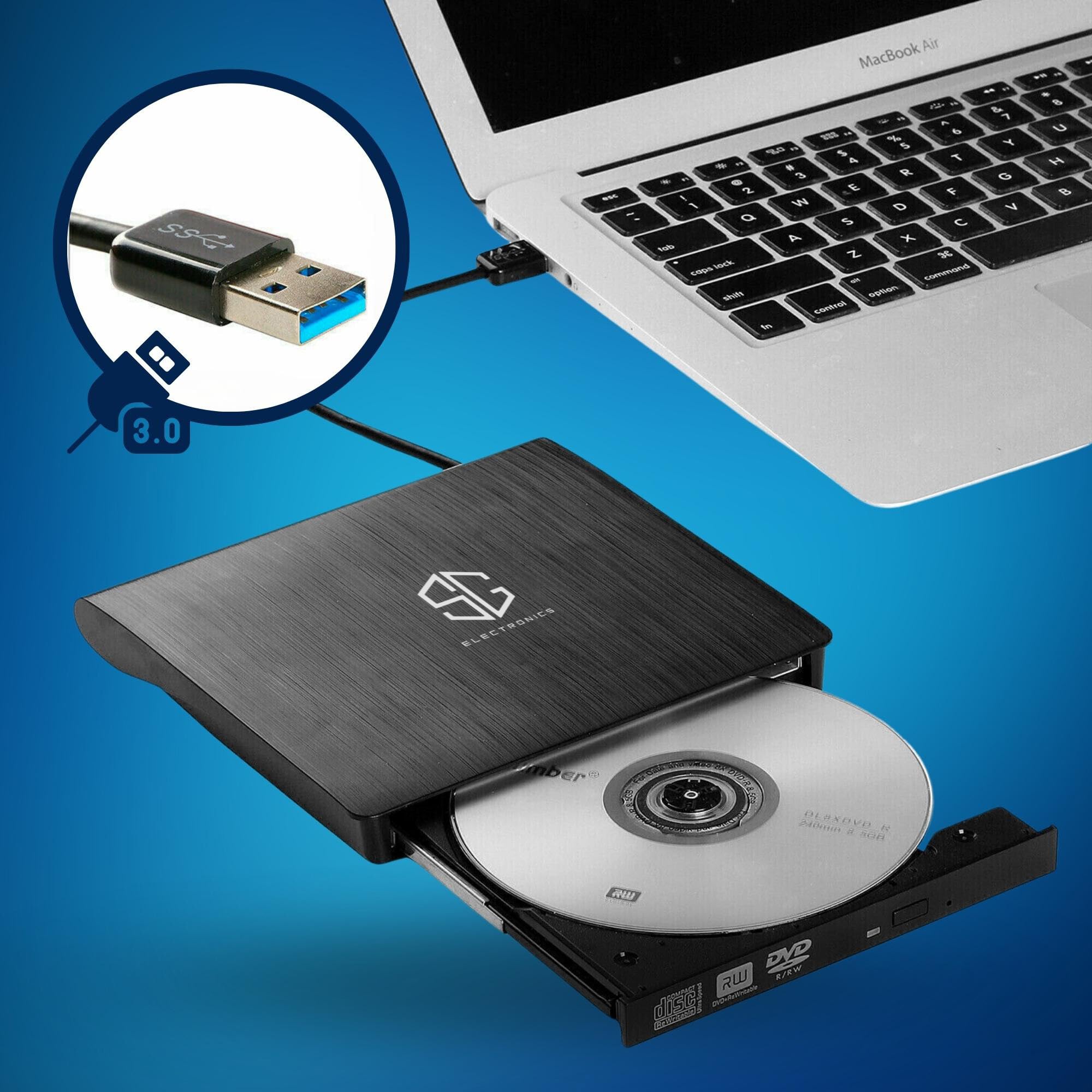 SG, Lettore CD DVD Esterno Portatile, Masterizzatore DVD Esterno, Lettore CD Esterno per Pc Portatile e Desktop Tower, Disco Esterno Ultra Slim USB 3.0, compatibile con Windows, Linux e Mac OS