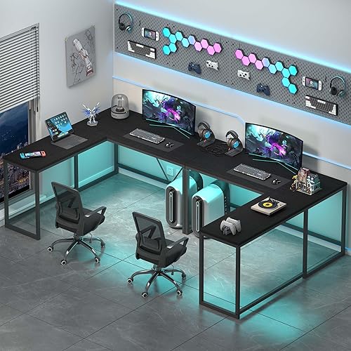 Miniatura 6 de HSH Escritorio negro en forma de L, escritorio de esquina reversible para computadora, escritorio largo de madera doble en forma de L para 2