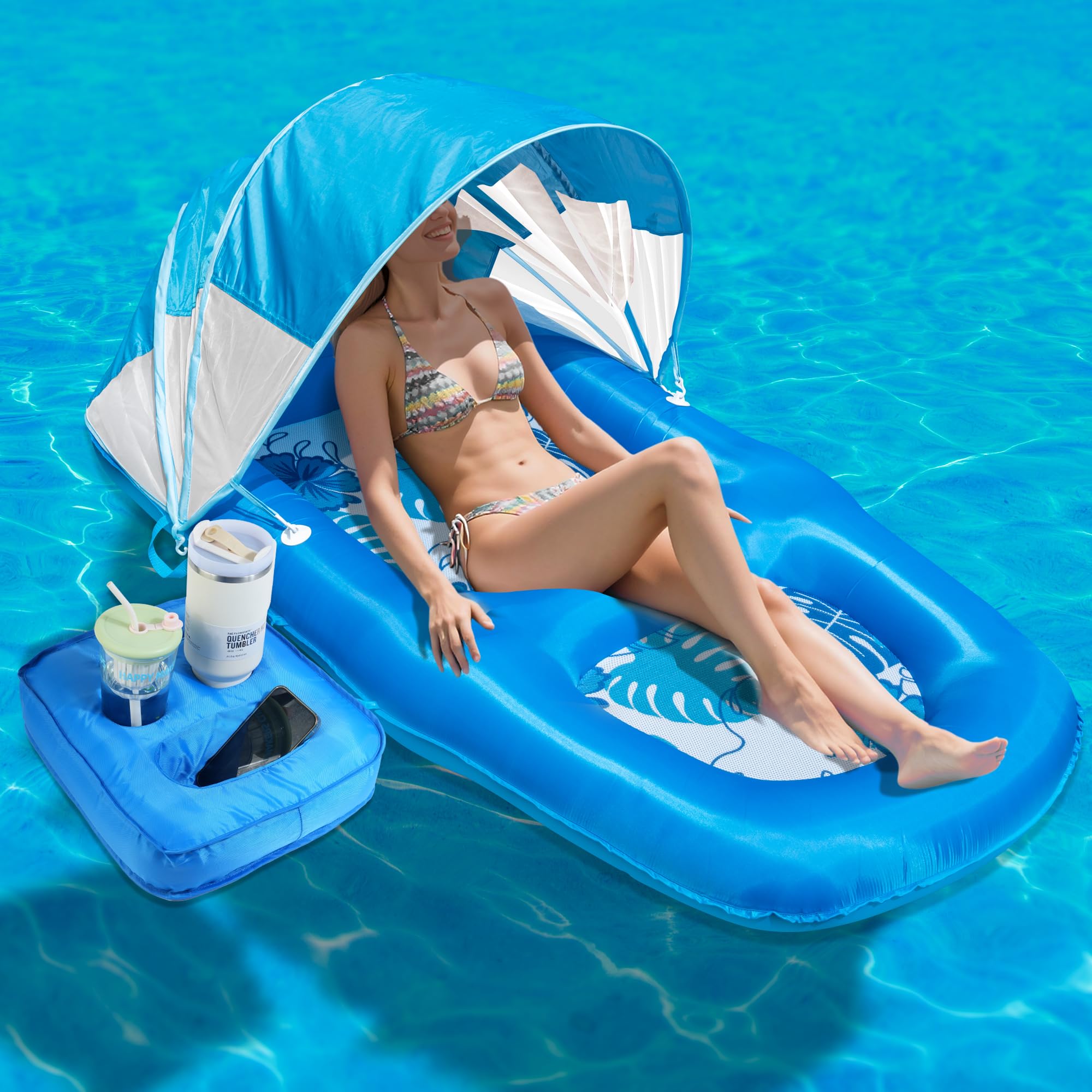 Inflatable Pool Float with UPF50+ Sunshade Canopy & Cupholder Caddy, 70
