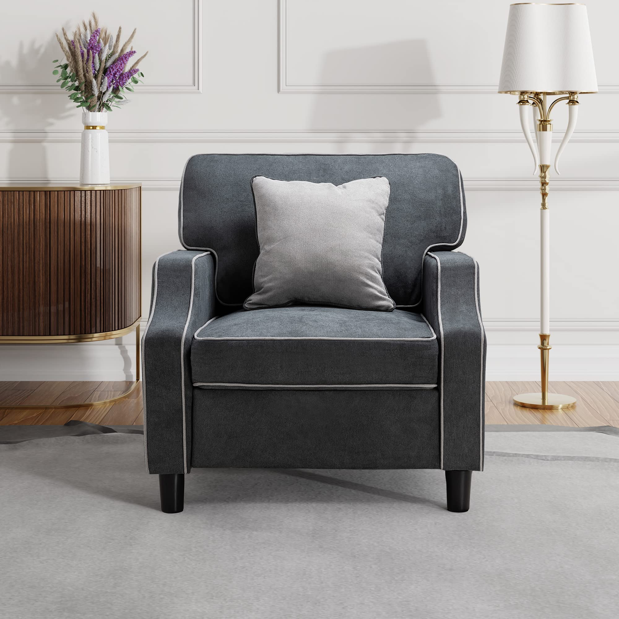 Shintenchi Small Modern Single Sofa Accent Chair, Mid Century Fabric Upholstered Single Sofa Chair with Soft Padded Armrest Leisure Chair for Living Room, Reading Room, Bedroom,Dark Grey