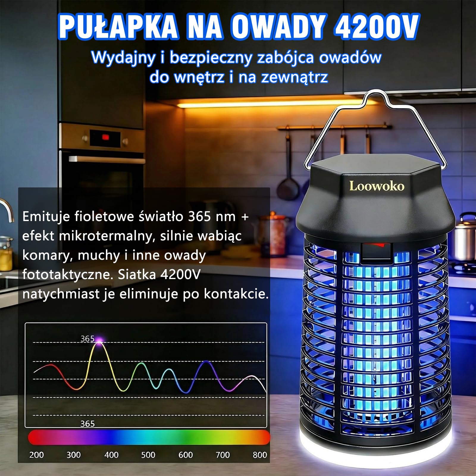 Loowoko Elektryczna pułapka na owady, z przedłużonym kablem o długości 3 m, 4200 V, lampa na komary ze światłem LED, wodoszczelna, elektryczna pułapka na komary, lampa przeciw komarom, do użytku