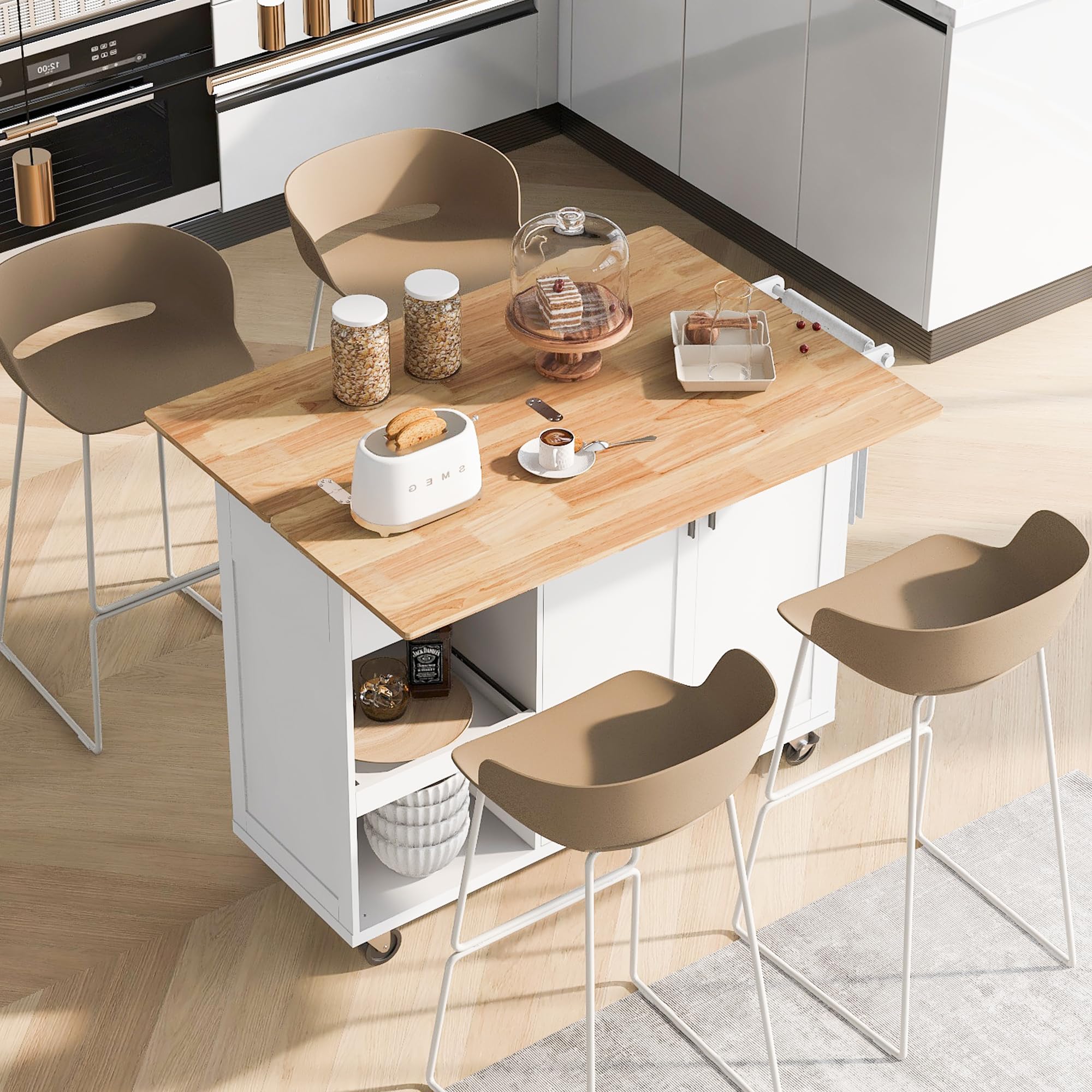 RUNNA Kitchen Island with Foldable Counter Top,Kitchen Storage Cart with Slide-Out Shelf,Towel Rack and Drawer, Rolling Cart on Wheels,Living Room,