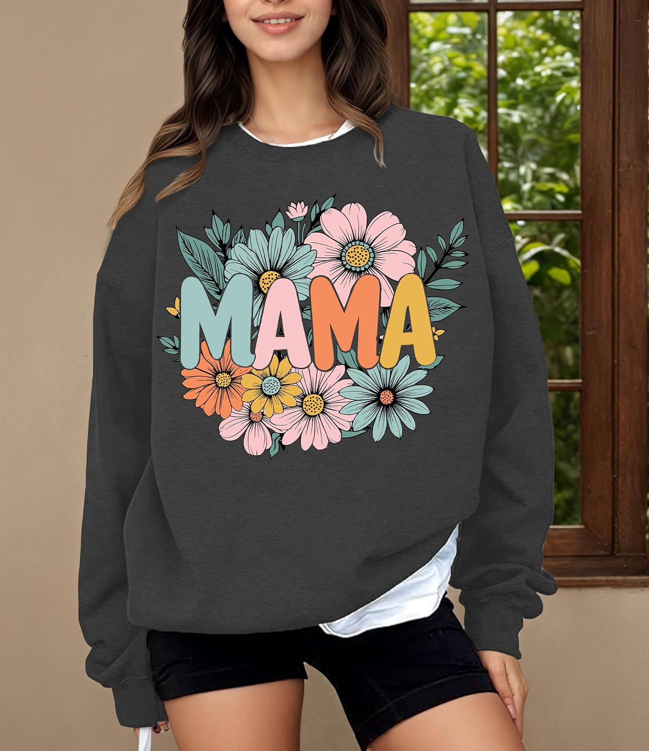 Mama Sweatshirt for Women Mama Letter Print Long Sleeve Heart Graphic Sweatshirts Casual Crewneck Pullover Top - Image 3
