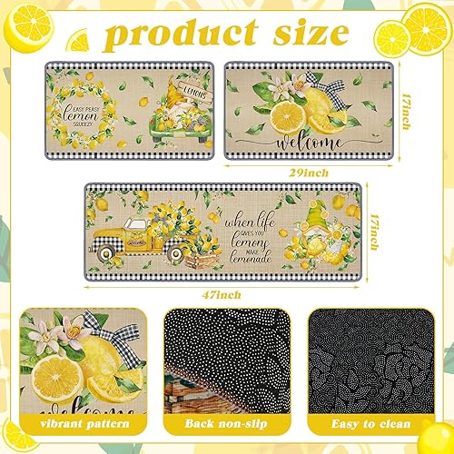 Miniatura 3 de Timgle 3 alfombras de cocina con temática de limón, alfombra de gnomos, estilo retro, antideslizante, con estampado de limón, lavable y cómoda para