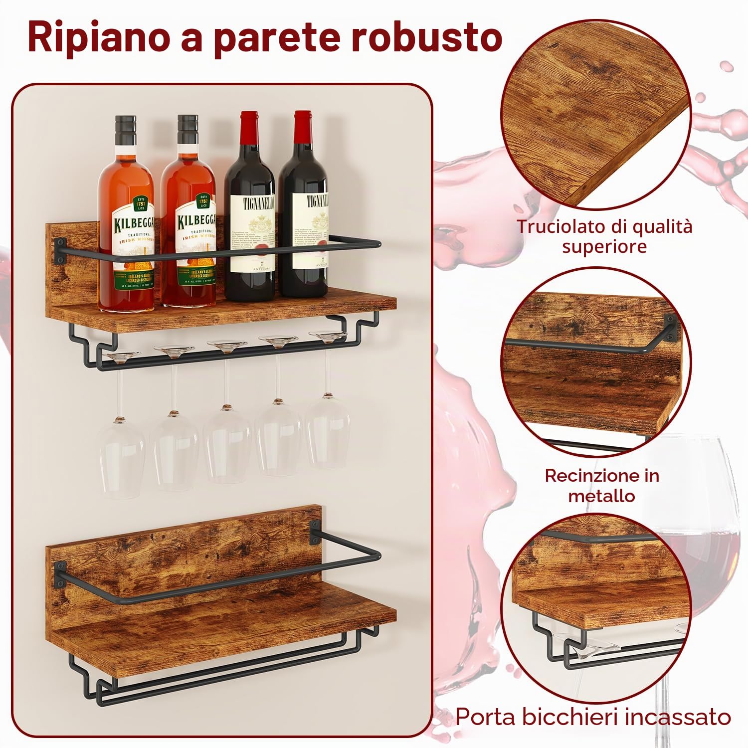 IBUYKE Portabottiglie da Parete,Porta Vino in Legno,Set da 2,Porta Calici da Parete,Multifunzione Mensola Parete per Cucina, Sala da Pranzo, Bar, Marrone Rustico TMJ910H