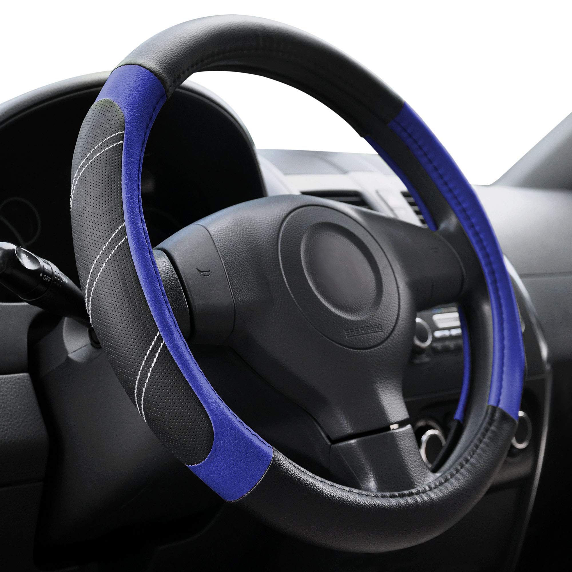 ElantripElantrip Steering Wheel Cover Leather 14 1/2 to 15 inch Universal Padded Soft Grip Breathable for Car Truck SUV Jeep Anti Slip Blue and Black