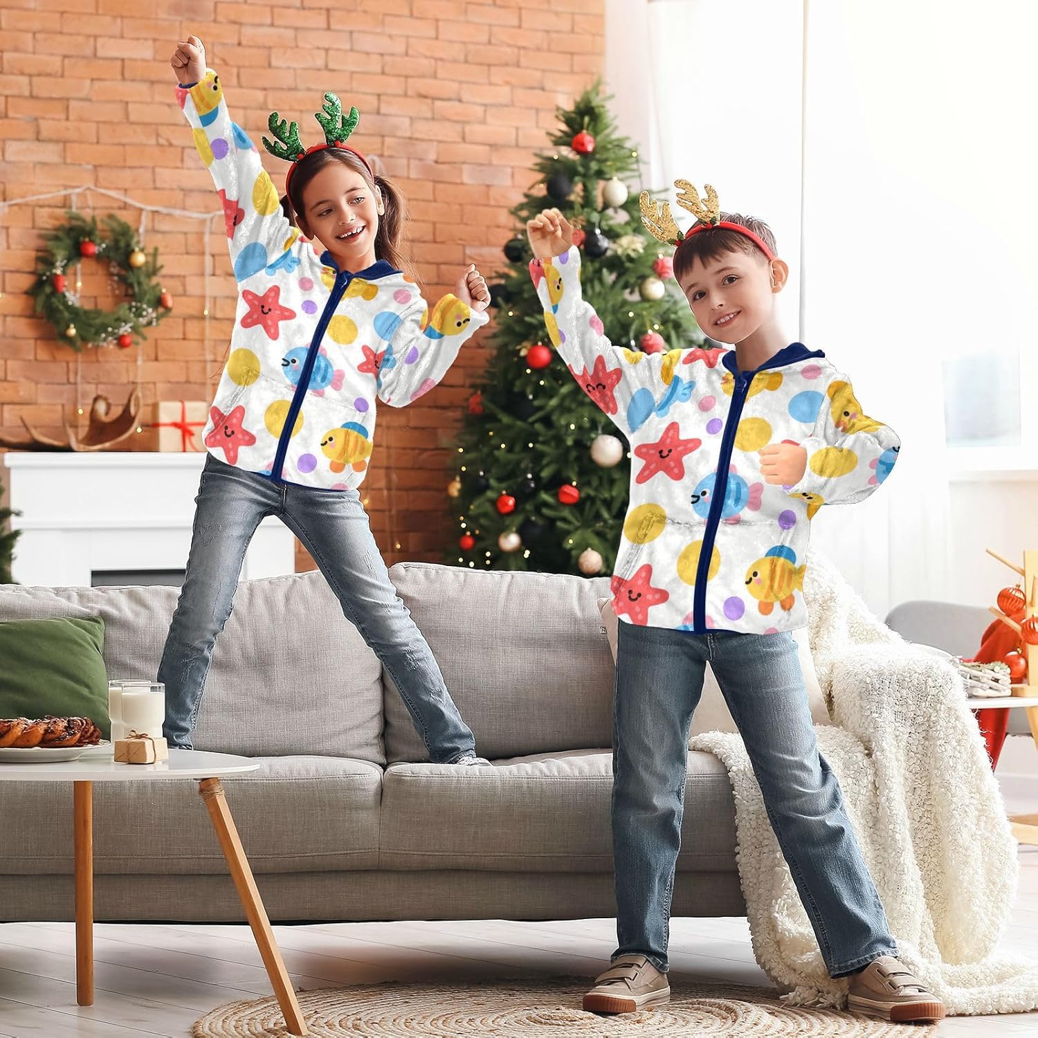 Cartoon Cute Colorful Fish and Starfish Toddler Hooded Jackets Outerwear Jackets Navy Blue Baby Boys Clothes