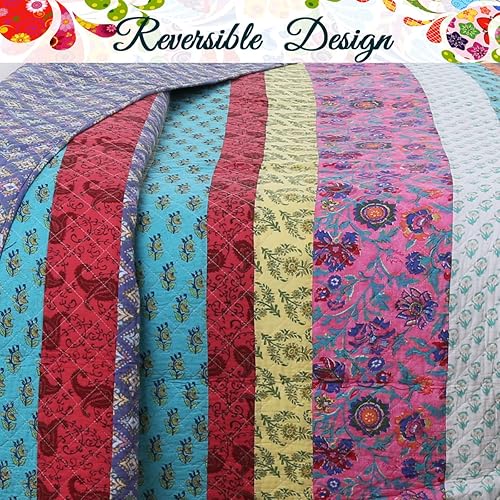 Vista 22 de Cozy Line Home Fashions Juego de ropa de cama reversible de 100% algodón, diseño de retazos rojos y flores a cuadros, colcha