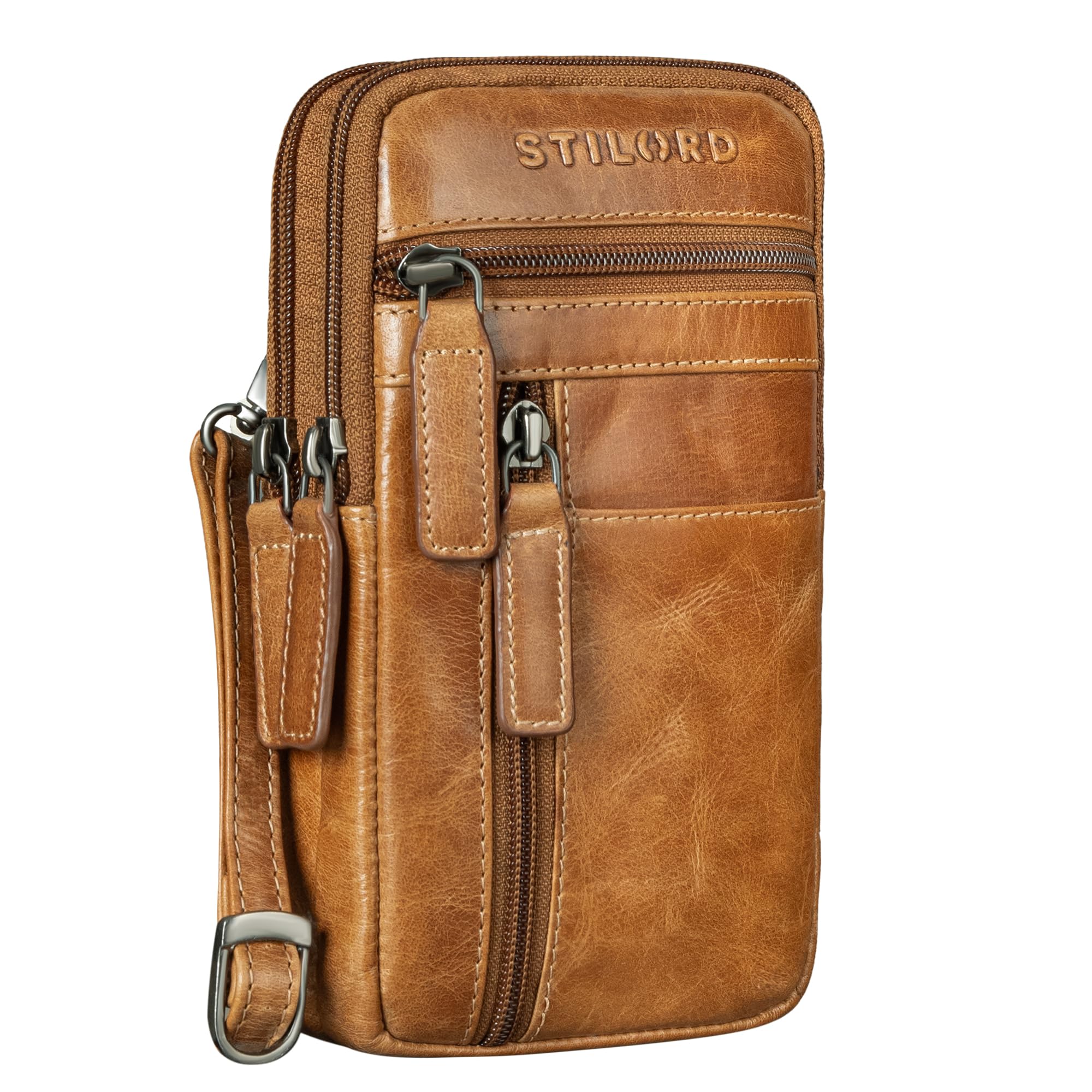 STILORD Asher Cuero Riñonera Cruzada Hombre Pequeño Bolso Cintura para Teléfono Móvil Vintage Bolso Crossbody para Viaje Festival Bag Piel Auténtica Color:Perugia - marrón
