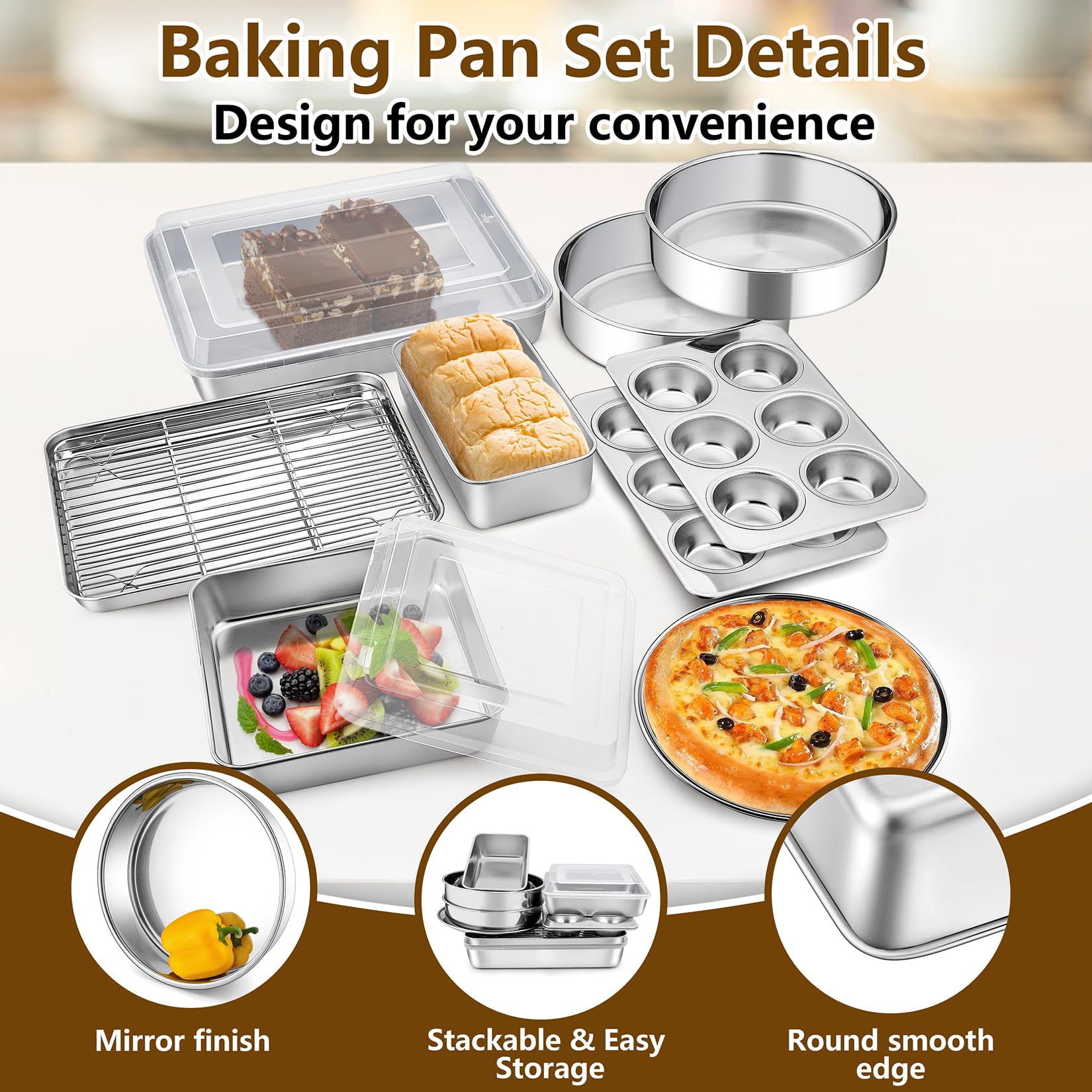 P&P CHEF - Juego de 12 moldes para hornear de acero inoxidable, incluye bandeja para hornear con estante, molde redondo/cuadrado, molde para lasaña, molde para pan, molde para magdalenas, bandeja para