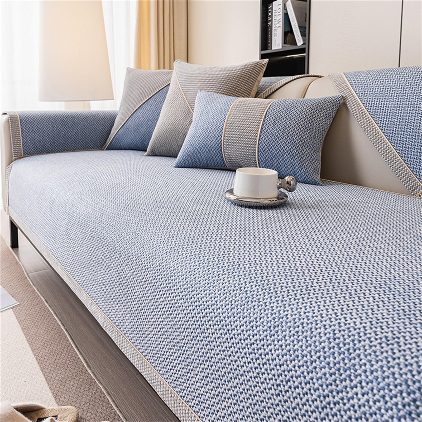 Funda universal antideslizante para sofá, lavable, con agarre de silicona, protector de muebles de algodón y lino (azul claro, 70 x 210 cm)