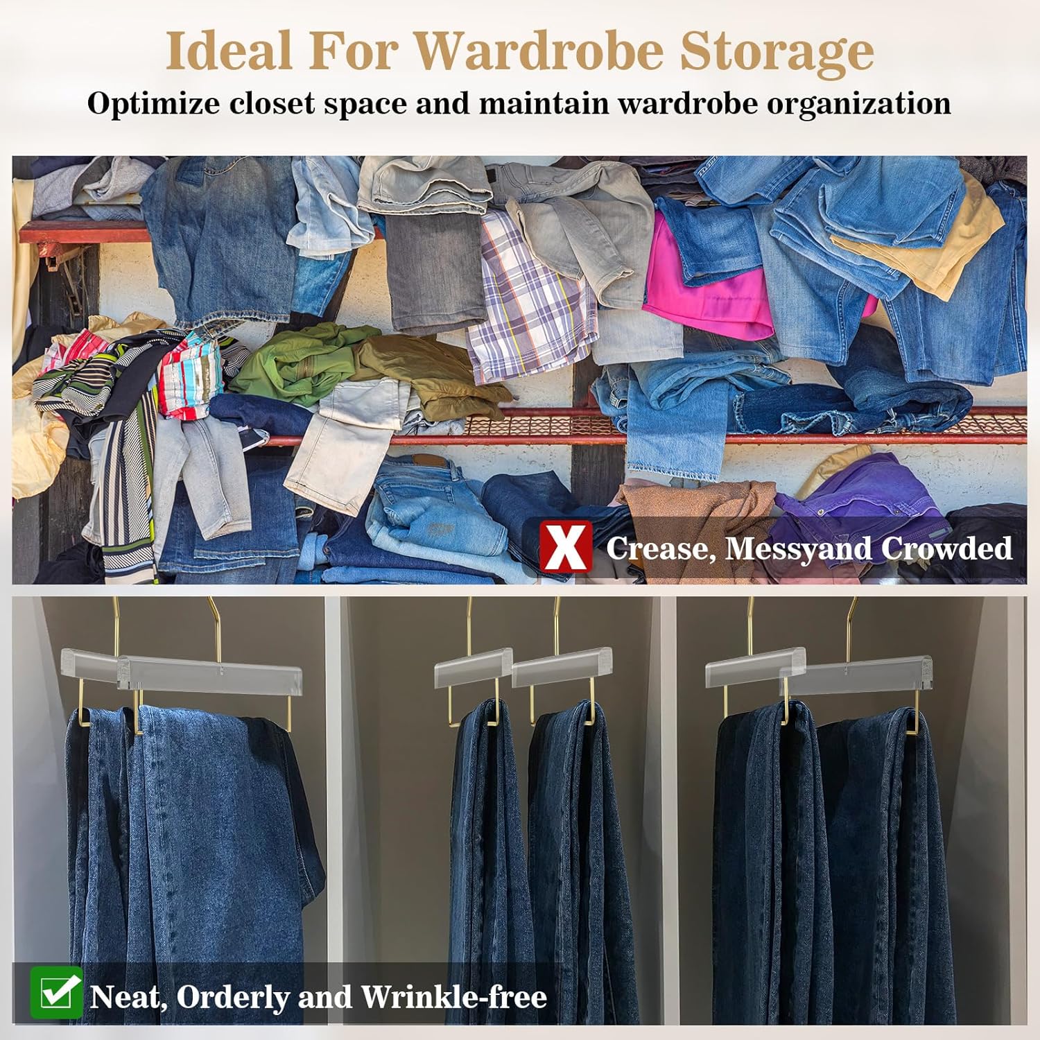 Chunful 透明パンツハンガー アクリル製 衣類ハンガー ゴールドフックとバー付き 高耐久 衣類スカート ジーンズフック 収納