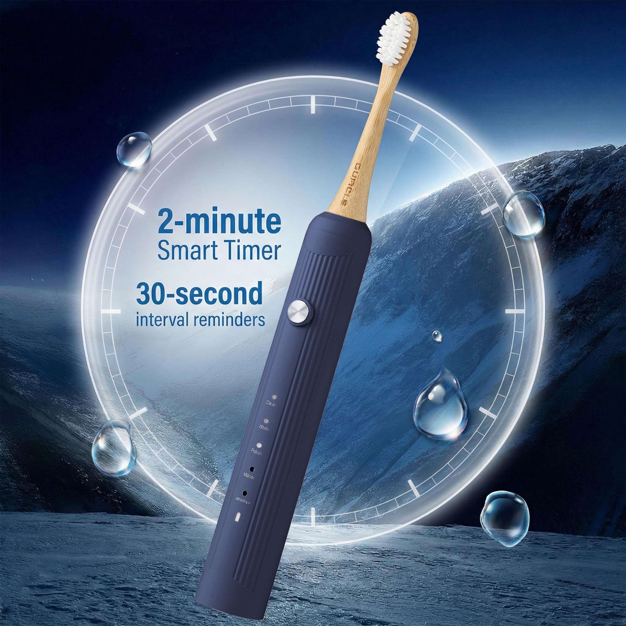 Spazzolino elettrico in bambù con 4 testine in bambù, setole di olio di ricino, 5 modalità con timer intelligente integrato in 2 minuti, basso rumore, impermeabile IPX7, durata della batteria