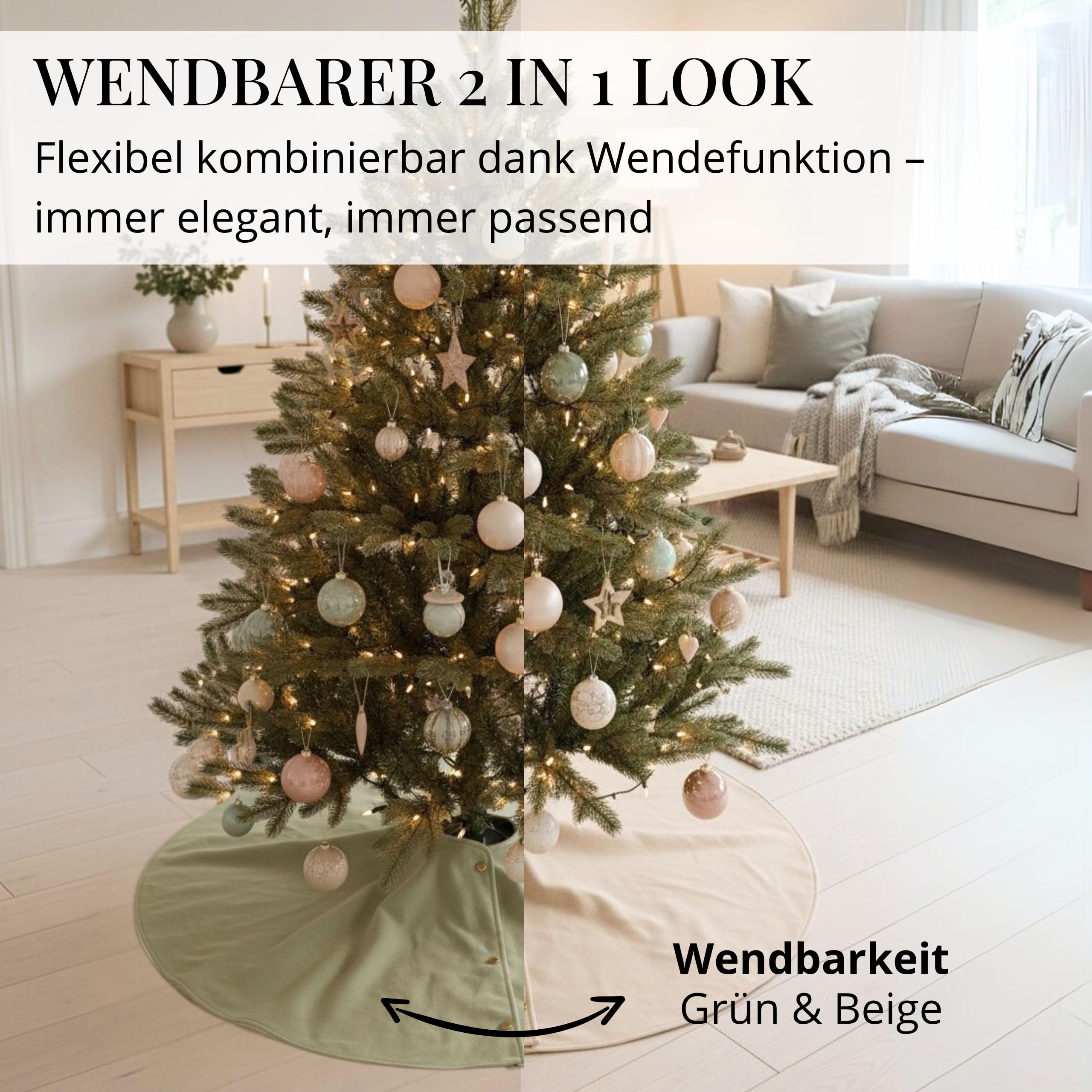 Livlig53 Weihnachtsbaum Decke ø120cm, Weihnachtsbaumdecke rund aus 100% Baumwolle, 2in1 Design - wendbare Tannenbaum Decke, Weihnachtsbaumrock, Weihnachtsbaum Decke Beige I Grün mit Goldsaum
