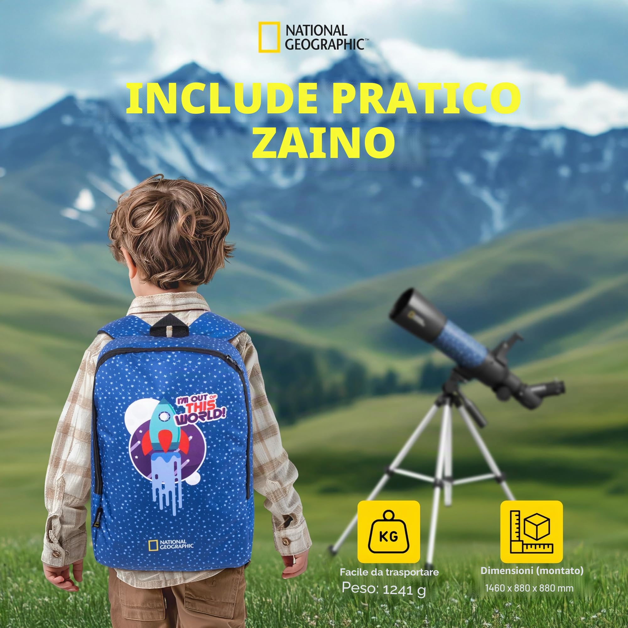 National Geographic smartes AR - Telescopio per bambini con treppiede, zaino, supporto per smartphone e app di realtà aumentata