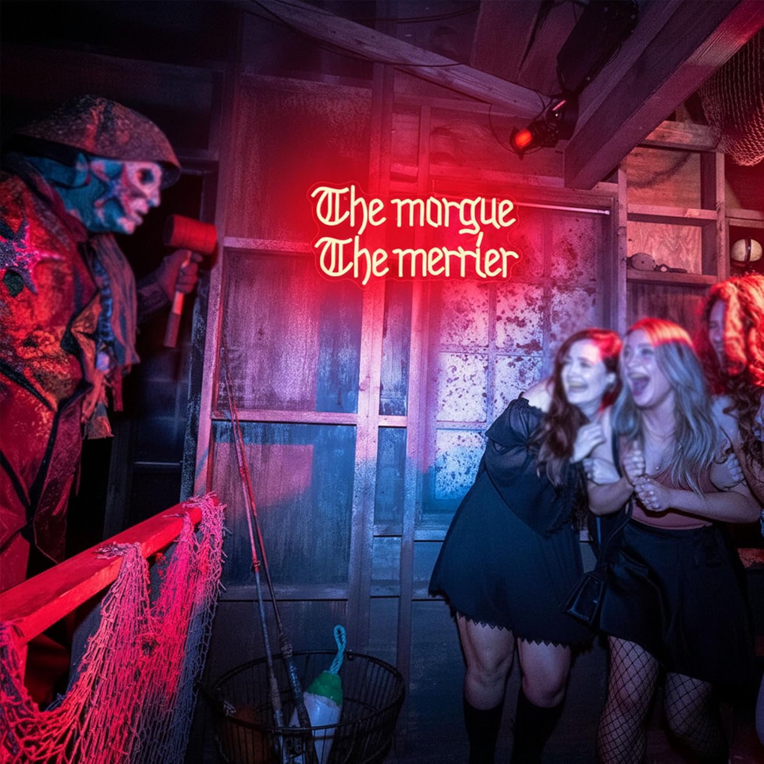 The Morgue The Merrier Neon Sign,Gothic Dark Humor LED Neon Lights for Wall Decor,Horror LED Light for Haunted Mansion Themed Party Bar Bedroom Game Room Man Cave Decorations,8.4x16.9 Inches.