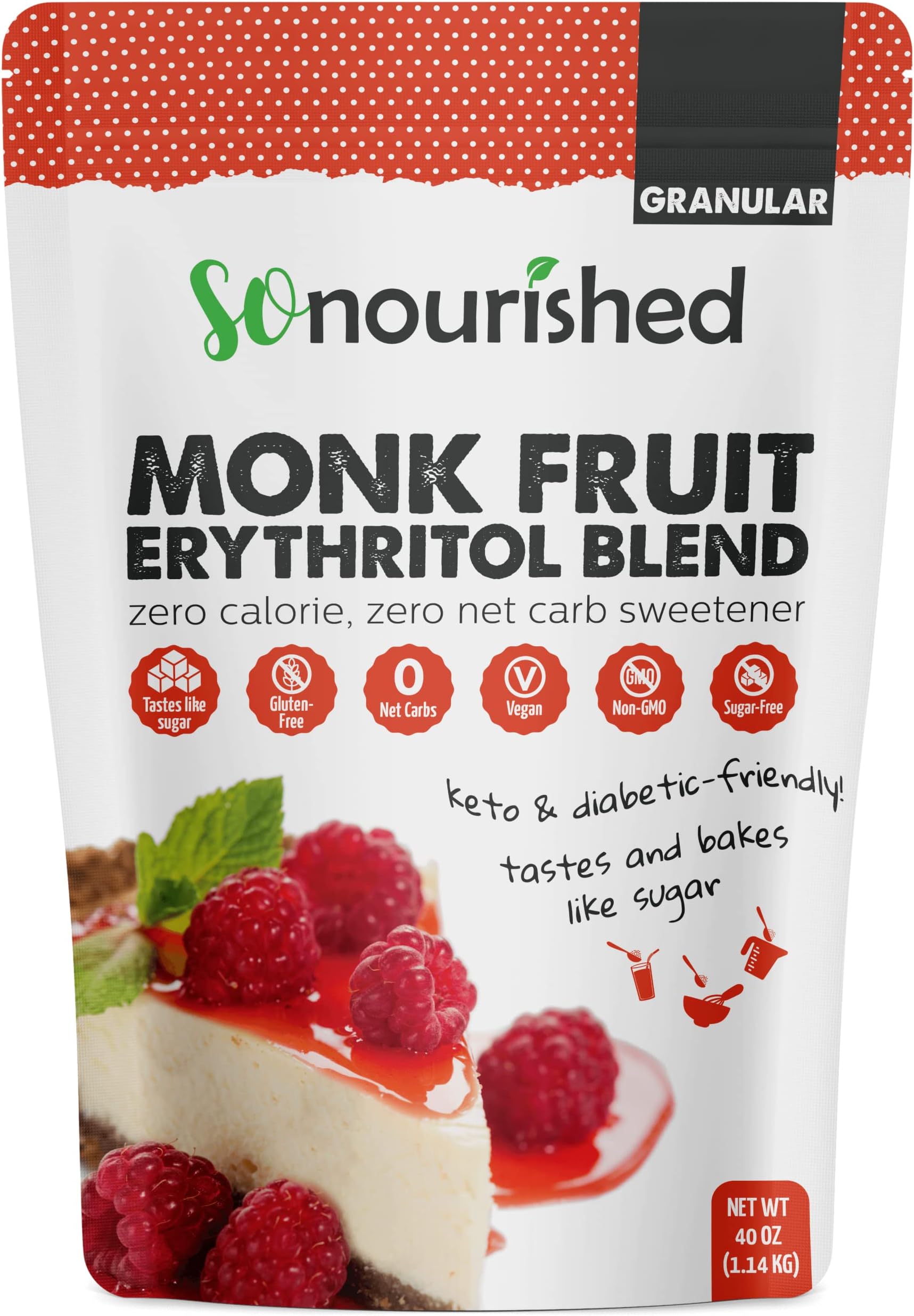 So Nourished Monk Fruit Sweetener with Erythritol Granular - 1:1 Sugar Substitute, Keto - 0 Calorie, 0 Net Carb, Non-GMO 2.5 Pounds