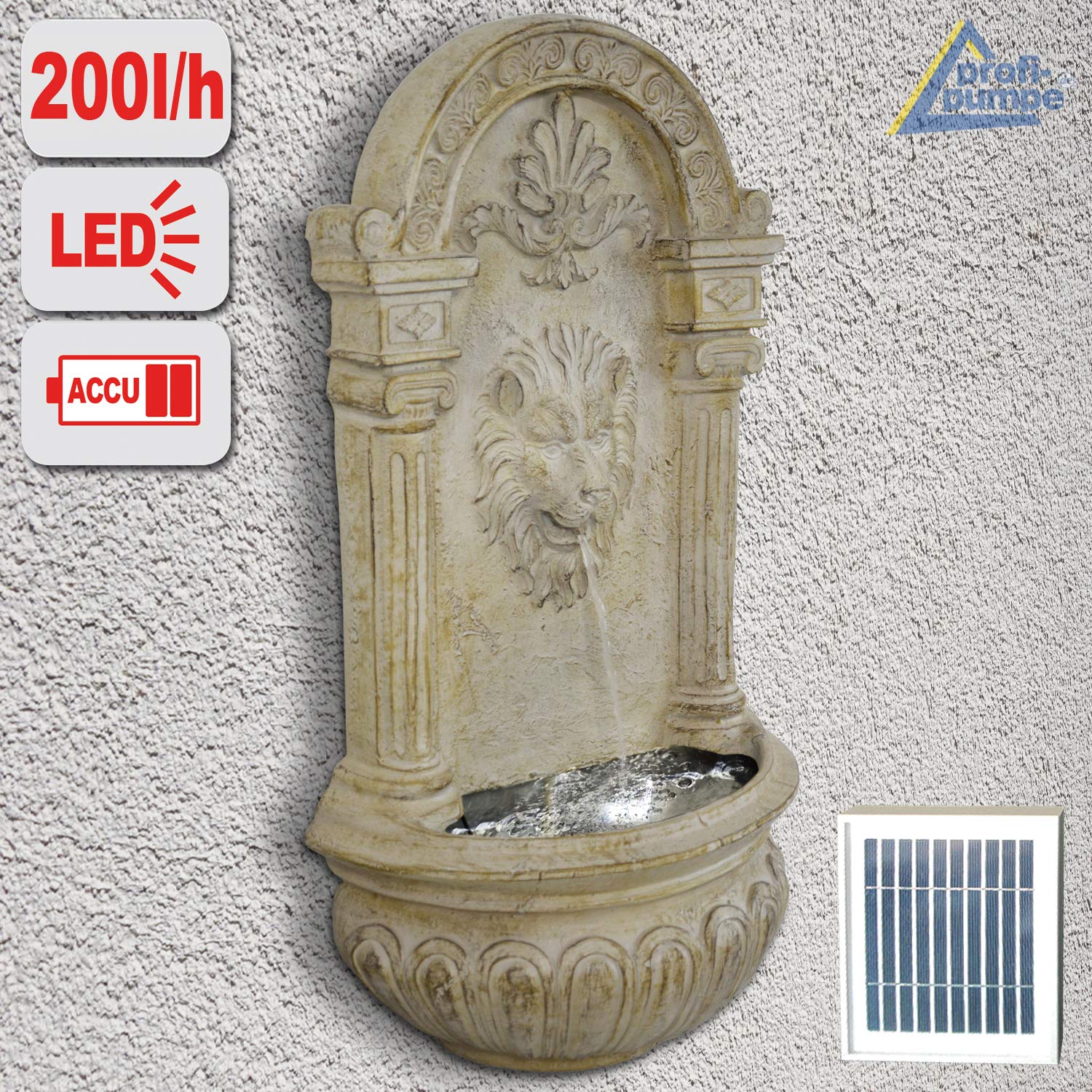 Fontaine de jardin solaire Fontaine Bain d'oiseaux Cascade Décoration de jardin avec pompe, jeu d'eau pour jardin terrasse, fontaine murale, balcon, fontaine Löwen très décorative, lampe de jardin LED