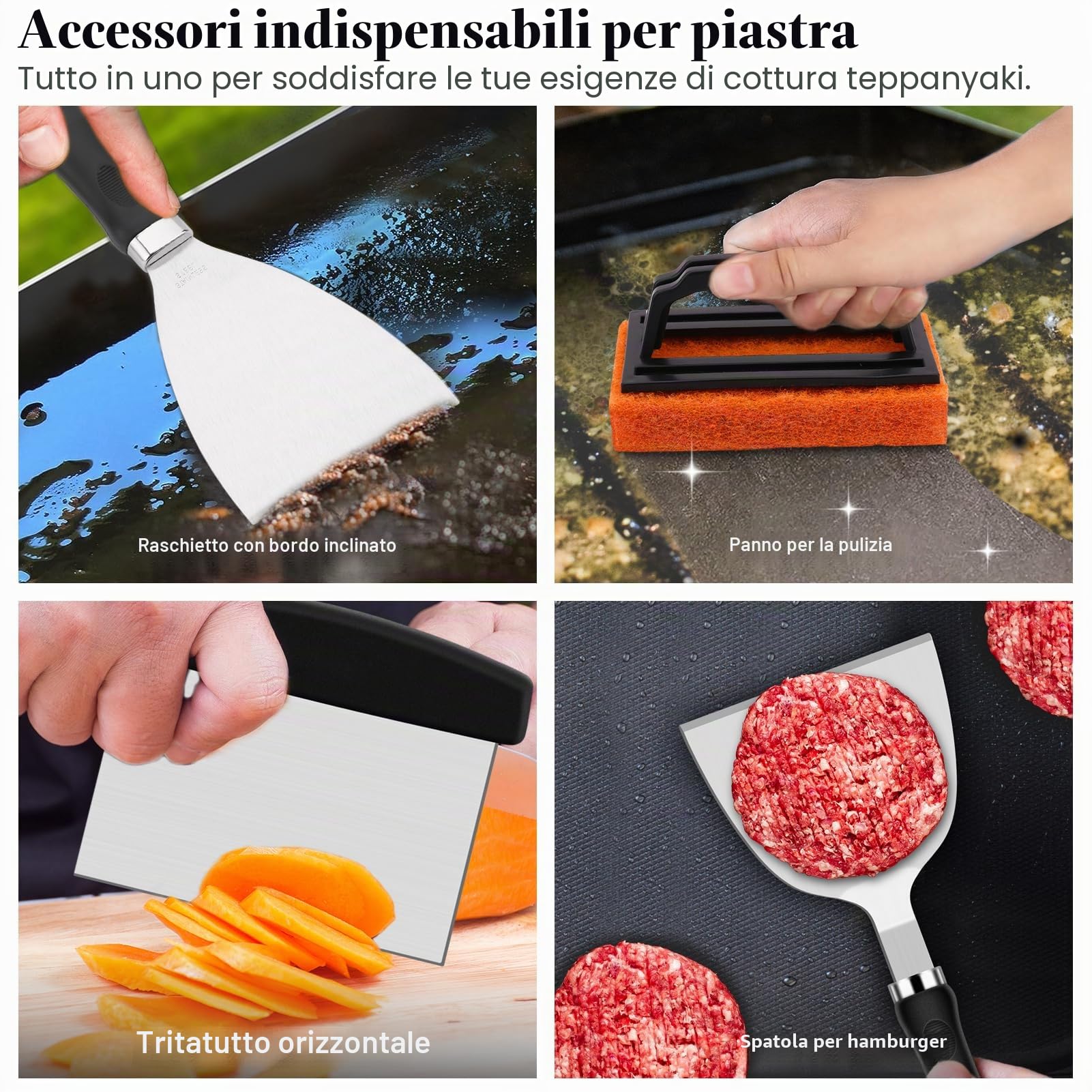 Grilliance 27PCS Griglia Set di Spatola Plancha Accessori per Uomini, Kit Utensili Barbecue Teppanyaki Acciaio Inox, Professionale Hibachi Smasher Burger set Regalo con Hamburger Pressa, Patty Maker