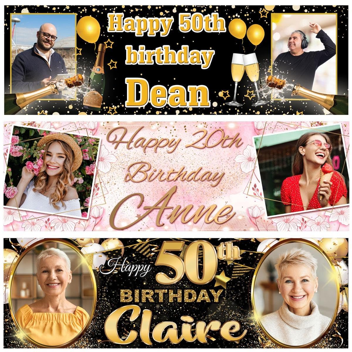 personalised birthday banner 2ftx6ft outdoor photo black champagne stars balloon man woman girl boy party poster gift-18th 21st 30th 40th 50th 60th