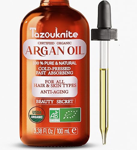 TAZOUKNITE Aceite de argán orgánico certificado por USDA, 100 % purosin refinar, extra virgen, vegano, aceite de argán marroquí para cabello, cara y