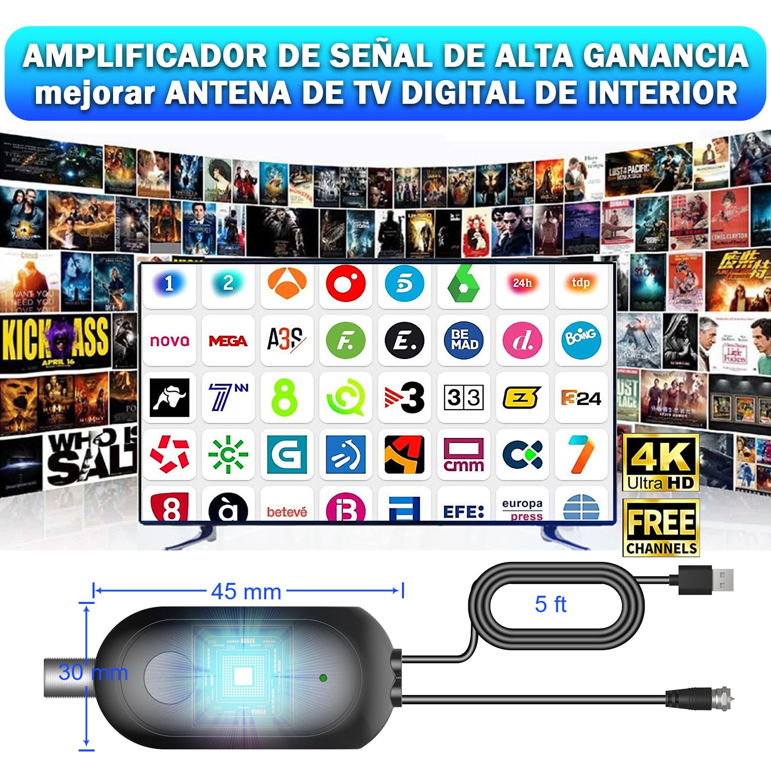 2026 Amplificador de Señal para Antena de TV Interior – Receptor de Alta Ganancia, Mejora la Recepción Digital, Reduce Ruido y Pixelado, Alimentación USB - 3