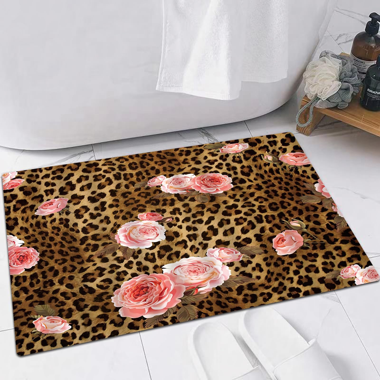 EMFSLA Bath Mat 16x24 in,Leopard Flower Cute Pink Pink Mix Wild Animal Leopard Creative Modern Art,Non-Slip Bathroom Mat Machine-Washable,Ultra Soft and Water Absorbent Bath Rug for Bathroom