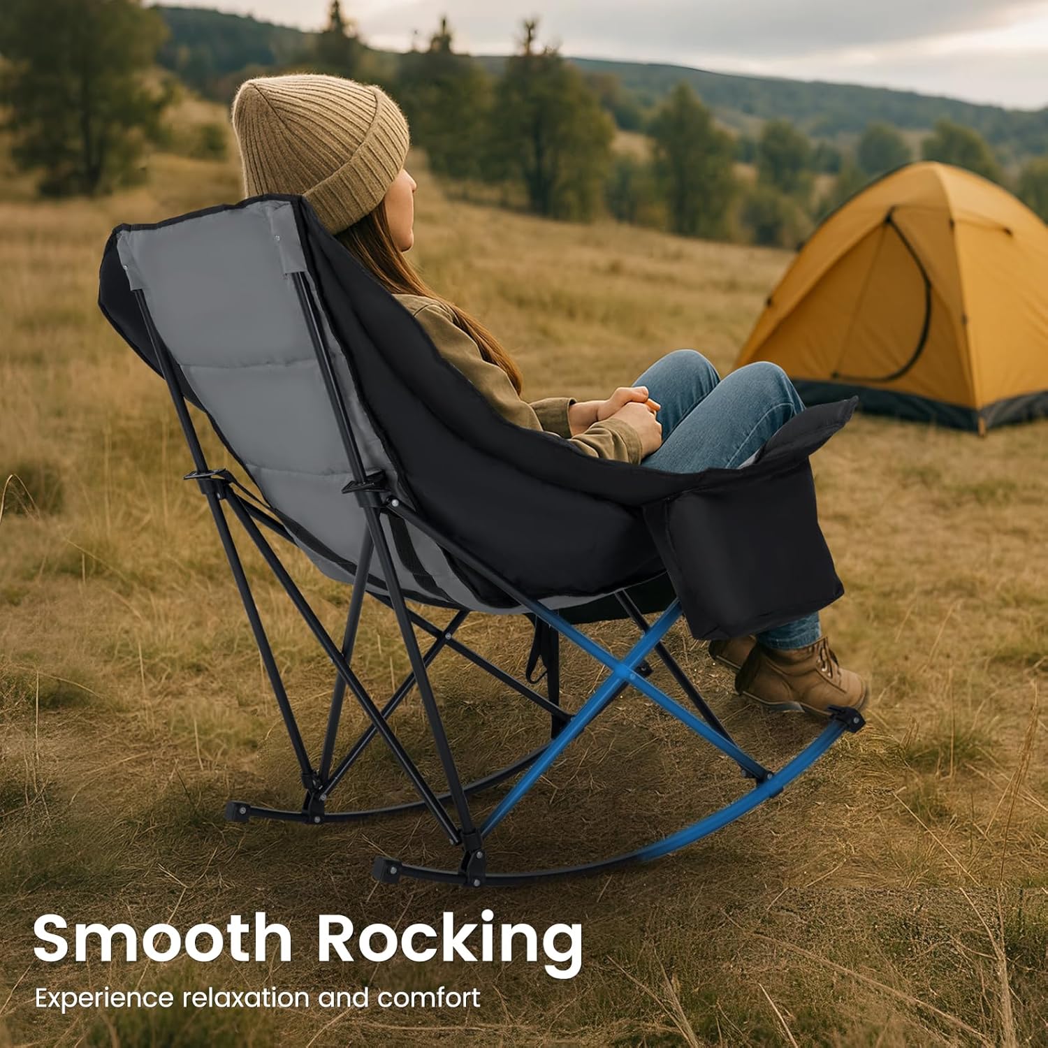 LILYPELLE Oversized Rocking Camping Chair for Adults, Fully Padded Folding Outdoor Lawn Chair with Cooler Bag and Side Pocket, Portable Recliner Rocker Chair for Camp, Patio, Backyard