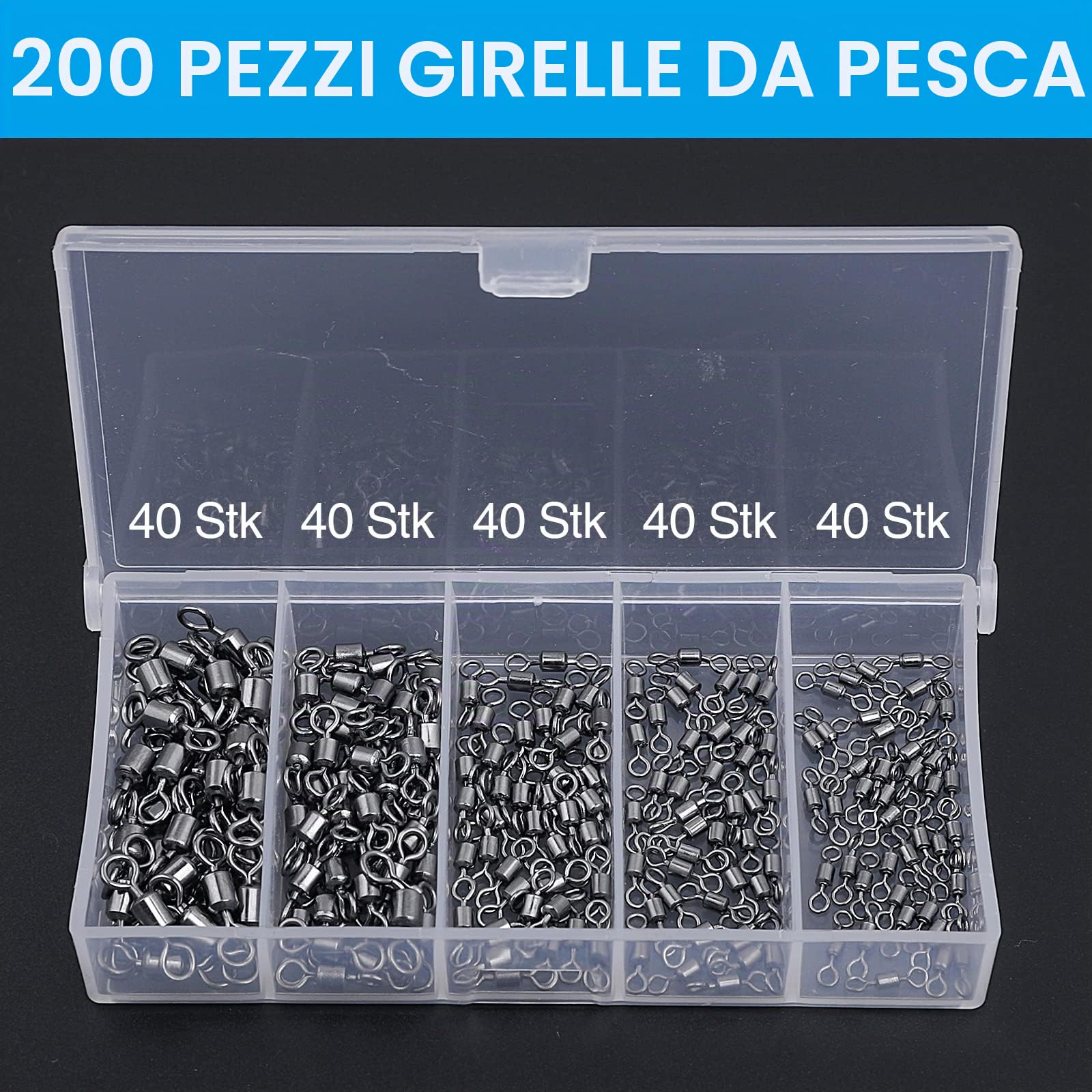 Realure 200 Pezzi Moschettoni Girelle Pesca Trota 5 Dimensioni Vortice da Pesca con Anelli Solidi Mulinello da Pesce Set Mulinello Vortice Pesce Accessori Girella 4# 6# 8# 10# 12#