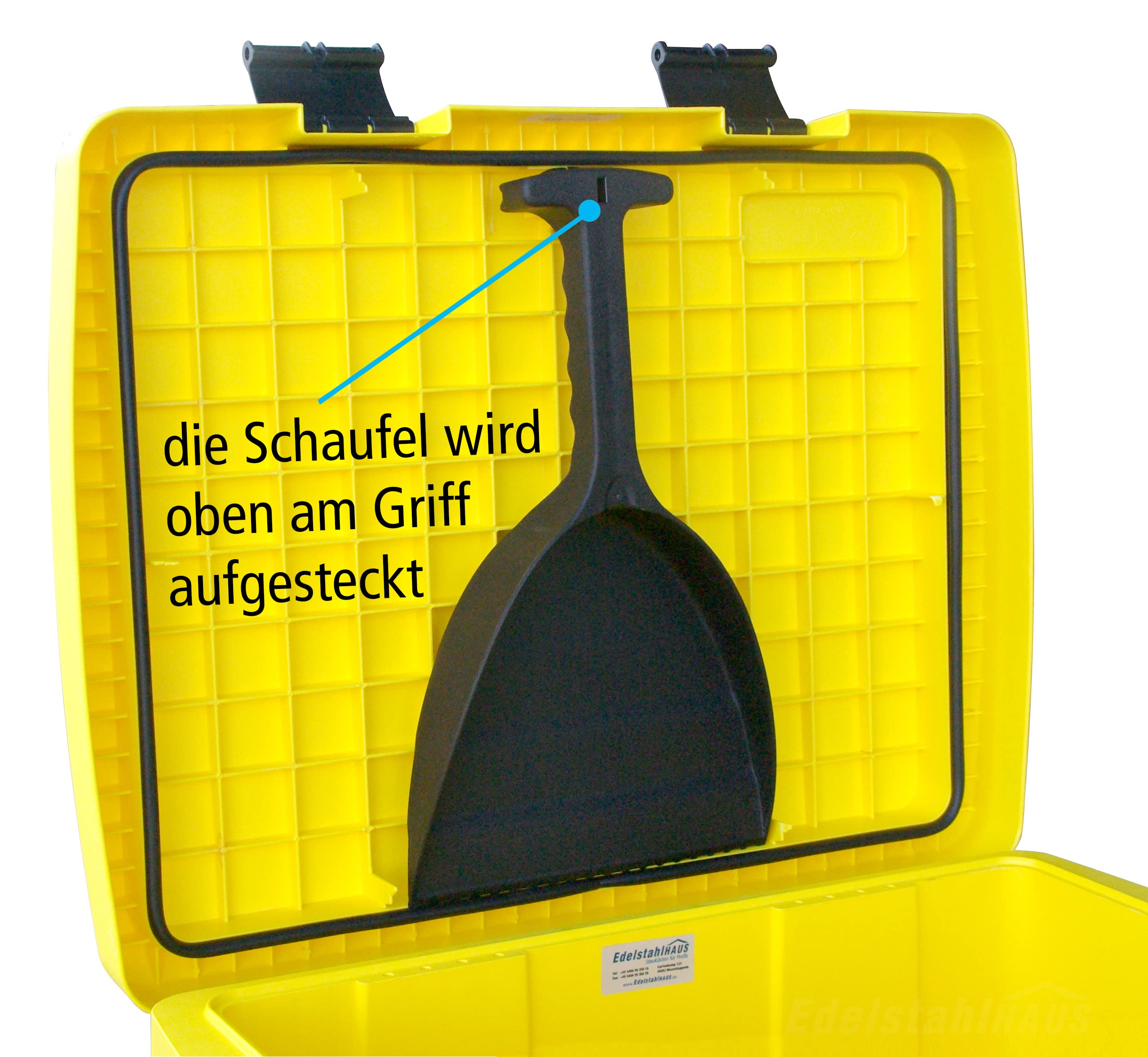 DAKEN Streugutbehälter 108 ltr. GELB, Streugutbox, Streusalzbox, Sandbox, Lagerbehälter, Pick-up Box, Anhängerbox, Deichselbox, Streukiste, Salzlager, Winterdienst, mit Schaufel