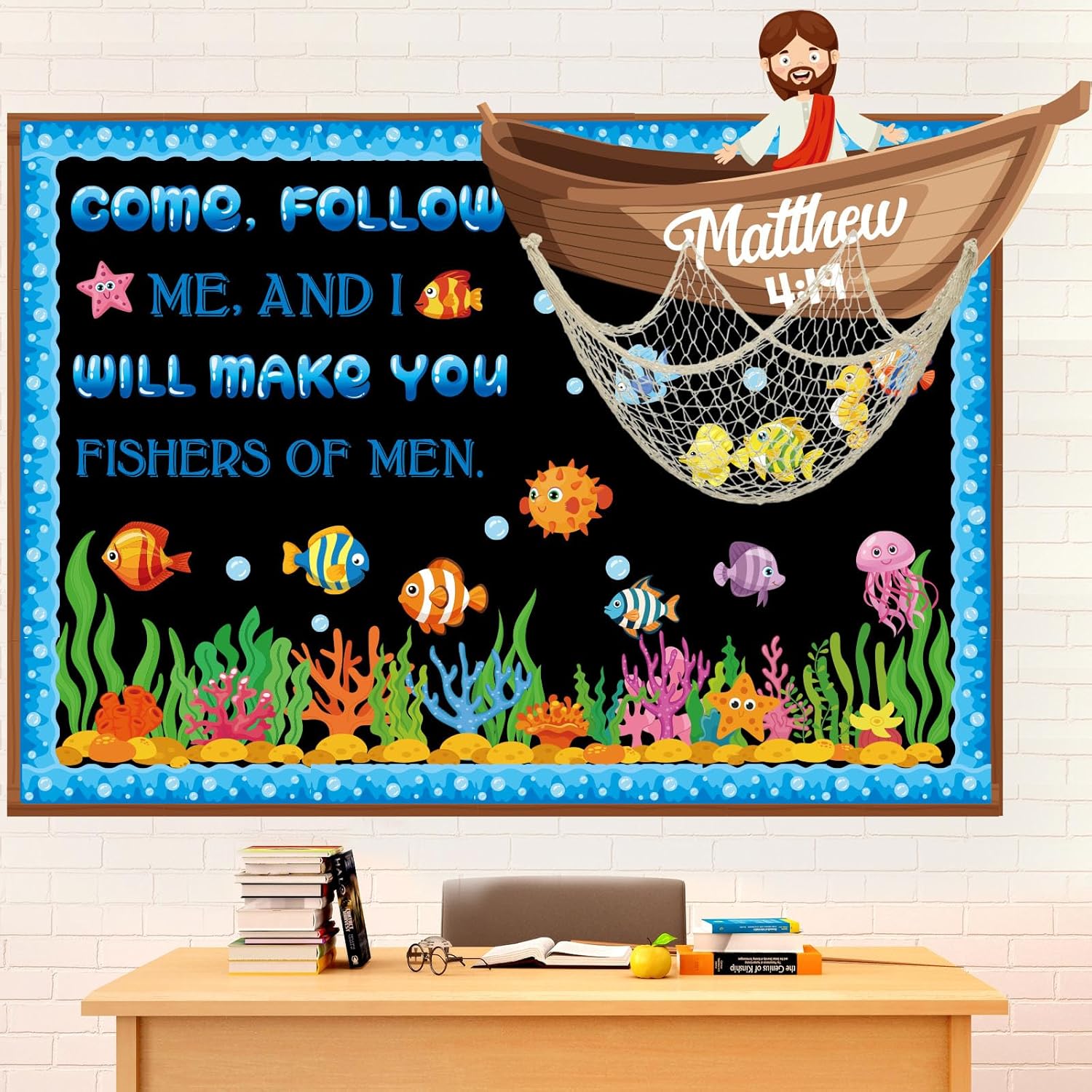 Epakh 3D Fishers of Men Bulletin Board Set Ocean Christian Classroom Decor Religious Under The Sea Animals Bulletin Board Cutouts Borders Fishing Net Decor for Summer Jesus Bible Sunday School Church