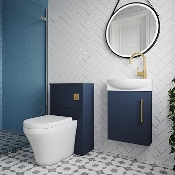 Balterley Vanity Unit with Basin, Handle, Toilet Pan, Seat, Water Closet & Mixer Tap, Wall Hung Single Door Soft Close Vanity Unit, Toilet Pan with WC & Flush, Mono Basin Mixer Tap (Blue/Brass)